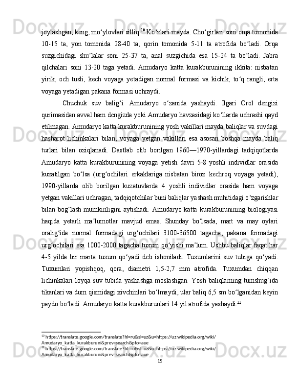 joylashgan, keng, mo ylovlari silliq.ʻ 10
 Ko zlari mayda. Cho girlari soni orqa tomonida	ʻ ʻ
10-15   ta,   yon   tomonida   28-40   ta,   qorin   tomonida   5-11   ta   atrofida   bo ladi.   Orqa	
ʻ
suzgichidagi   shu’lalar   soni   25-37   ta,   anal   suzgichida   esa   15-24   ta   bo ladi.   Jabra
ʻ
qilchalari   soni   13-20   taga   yetadi.   Amudaryo   katta   kurakburunining   ikkita:   nisbatan
yirik,   och   tusli,   kech   voyaga   yetadigan   normal   formasi   va   kichik,   to q   rangli,   erta	
ʻ
voyaga yetadigan pakana formasi uchraydi.
Chuchuk   suv   balig i.   Amudaryo   o zanida   yashaydi.   Ilgari   Orol   dengizi	
ʻ ʻ
qurimasidan avval ham dengizda yoki Amudaryo havzasidagi ko llarda uchrashi qayd	
ʻ
etilmagan. Amudaryo katta kurakburunining yosh vakillari mayda baliqlar va suvdagi
hasharot   lichinkalari   bilan,   voyaga   yetgan   vakillari   esa   asosan   boshqa   mayda   baliq
turlari   bilan   oziqlanadi.   Dastlab   olib   borilgan   1960—1970-yillardagi   tadqiqotlarda
Amudaryo   katta   kurakburunining   voyaga   yetish   davri   5-8   yoshli   individlar   orasida
kuzatilgan   bo lsa   (urg ochilari   erkaklariga   nisbatan   biroz   kechroq   voyaga   yetadi),	
ʻ ʻ
1990-yillarda   olib   borilgan   kuzatuvlarda   4   yoshli   individlar   orasida   ham   voyaga
yetgan vakillari uchragan, tadqiqotchilar buni baliqlar yashash muhitidagi o zgarishlar	
ʻ
bilan  bog lash   mumkinligini   aytishadi.   Amudaryo  katta   kurakburunining   biologiyasi	
ʻ
haqida   yetarli   ma lumotlar   mavjud   emas.   Shunday   bo lsada,   mart   va   may   oylari	
ʼ ʻ
oralig ida   normal   formadagi   urg ochilari   3100-36500   tagacha,   pakana   formadagi	
ʻ ʻ
urg ochilari esa 1000-2000 tagacha tuxum qo yishi ma lum. Ushbu baliqlar faqat har	
ʻ ʻ ʼ
4-5   yilda   bir   marta   tuxum   qo yadi   deb   ishoniladi.   Tuxumlarini   suv   tubiga   qo yadi.	
ʻ ʻ
Tuxumlari   yopishqoq,   qora,   diametri   1,5-2,7   mm   atrofida.   Tuxumdan   chiqqan
lichinkalari   loyqa   suv   tubida   yashashga   moslashgan.   Yosh   baliqlarning   tumshug ida	
ʻ
tikanlari va dum qismidagi xivchinlari bo lmaydi, ular baliq 6,5 sm bo lganidan keyin	
ʻ ʻ
paydo bo ladi. Amudaryo katta kurakburunlari 14 yil atrofida yashaydi.	
ʻ 11
 
10
 https://translate.google.com/translate?hl=ru&sl=uz&u=https://uz.wikipedia.org/wiki/
Amudaryo_katta_kurakburuni&prev=search&pto=aue
11
 https://translate.google.com/translate?hl=ru&sl=uz&u=https://uz.wikipedia.org/wiki/
Amudaryo_katta_kurakburuni&prev=search&pto=aue
15 