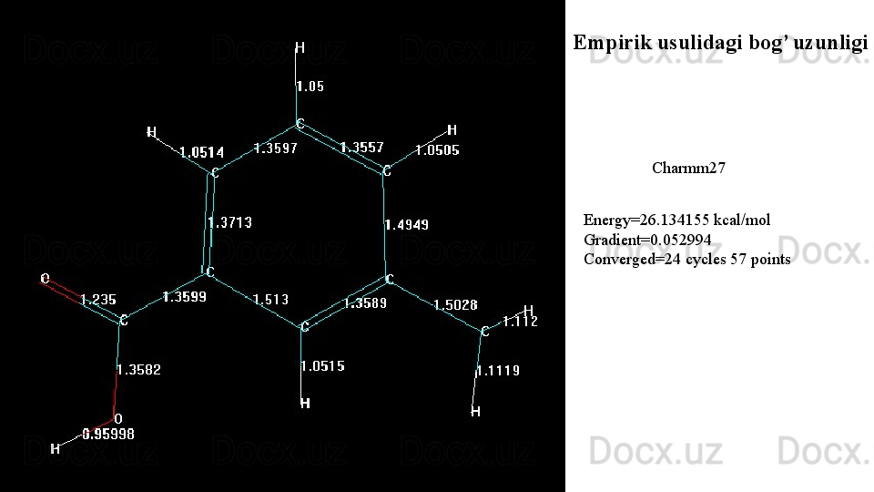 Charmm27 
Energy=26.134155 kcal/mol
Gradient=0.052994
Converged=24 cycles 57 points Empirik usulidagi bog’ uzunligi  