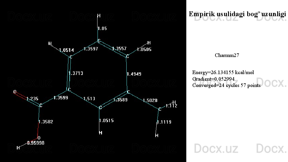 Charmm27 
Energy=26.134155 kcal/mol
Gradient=0.052994
Converged=24 cycles 57 points Empirik usulidagi bog’ uzunligi