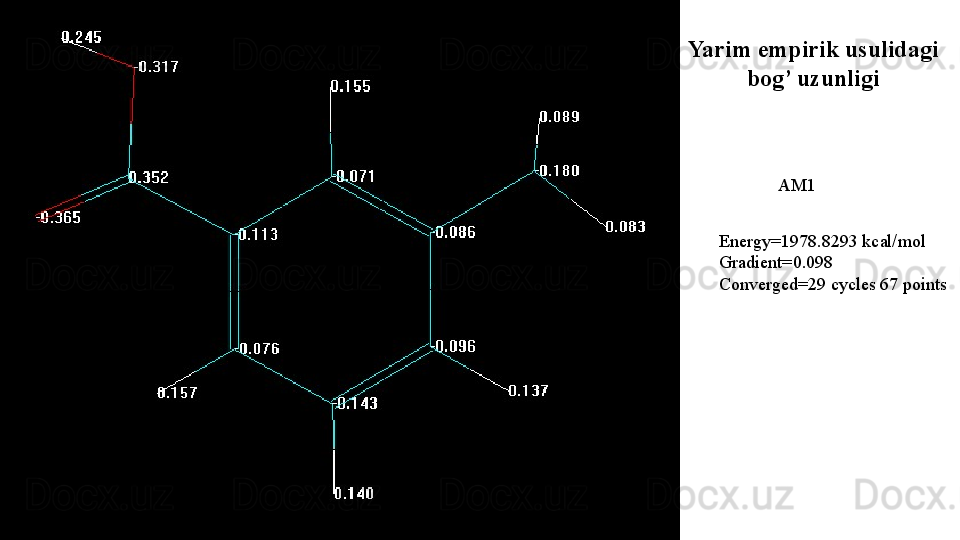 AM1 
Energy=1978.8293 kcal/mol
Gradient=0.098
Converged=29 cycles 67 points Yarim empirik usulidagi 
bog’ uzunligi  