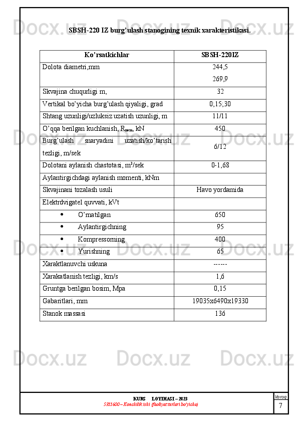 Varoq
KURS  LOYIHASI  –  2023
53 11600 – Konchilik ishi  (faoliyat turlari bo’yicha) SBS H -220 IZ burg’ulash stanogining texnik xarakteristikasi.
Ko’rsatkichlar SBS H -220IZ
Dolota diametri,mm 244,5
269,9
Skvajina chuqurligi m, 32
Vertikal bo’yicha burg’ulash qiyaligi, grad 0;15;30
Shtang uzunligi/uzluksiz uzatish uzunligi, m 11/11
O’qqa berilgan kuchlanish, R
nom , kN 450
Burg’ulash   snaryadini   uzatish/ko’tarish
tezligi, m/sek 6/12
Dolotani aylanish chastotasi, m 3
/sek 0-1,68
Aylantirgichdagi aylanish momenti, kNm
Skvajinani tozalash usuli  Havo yordamida
Elektrdvigatel quvvati, kVt
 O’rnatilgan 650
 Aylantirgichning  95
 Kompressorning  400
 Yurishning  65
Xaraktlanuvchi uskuna ------
Xarakatlanish tezligi, km/s 1,6
Gruntga berilgan bosim, Mpa 0,15
Gabaritlari, mm 19035x6490x19330
Stanok massasi 136
7 