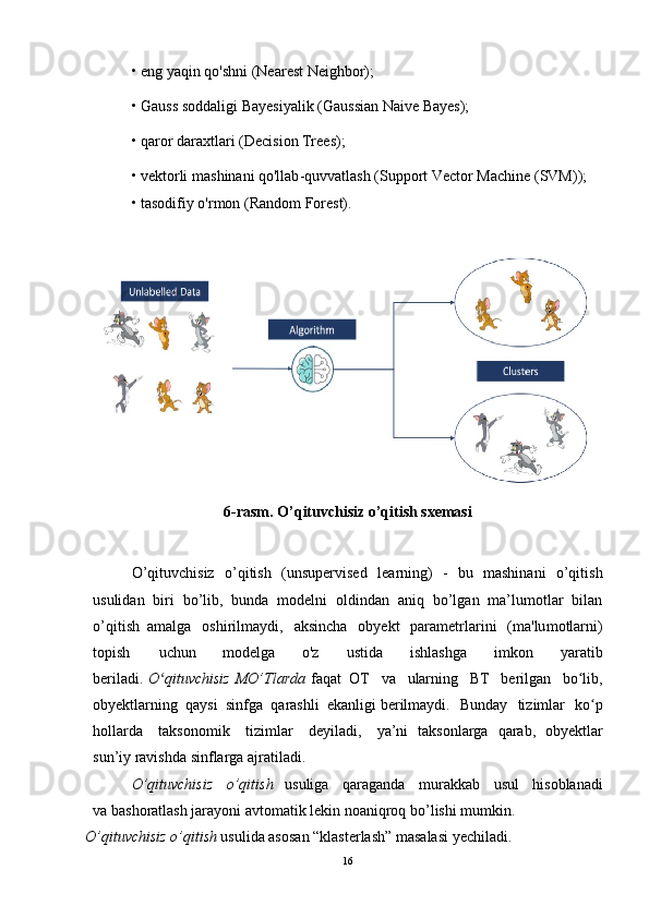 • eng yaqin qo ' shni (Neare s t Neighbor);  
• Gauss sodda l igi Bayesiyal i k (Gaussian   Naive Bayes);  
• qaror dar a xtlari (Decis i on Trees);  
• vektorli m a shinani qo'llab - quvvatlash ( S upport Vector Mach i ne (SVM));  
• tasodifiy o' r mon (Ra n dom Forest).
6-rasm . O’qituvchisi z o’qitis h sxemasi
O’qituvchisiz   o’qitish   (unsuper v ised   learning ) - bu   mashinani   o’qitish
usulidan   biri   bo’lib,   bunda   modelni   oldindan   aniq   bo’lgan   ma’lumotlar   bilan
o’qiti s h   amalga   oshirilmay d i,   aksincha   obyekt   parametrlar i ni   (ma'lu m otlarni)
topish   uchun   modelga   o'z   ustida   ishlashga   imkon   yaratib
beriladi . O ʻ qituvc h isi z MO’ T lard a faqat   OT   va   ularning   BT   berilgan   bo lib,ʻ
obyektla r ning   qaysi   sinfga   qarashli   ekanl i gi   berilmaydi.   Bunday   tizimlar   ko p	
ʻ
hollarda   taksonomik   tizimlar   deyiladi,   ya’ni   taksonlarga   qar a b,   obyektlar
s un’iy ravis h da sinfla r ga ajratiladi.
O’qituvchisiz   o’qiti s h usuliga   qaragan d a   murakkab   usul   hisoblanadi
va   bashoratlash jara y oni avtoma t ik lekin noa n iqroq bo’lishi  m umkin.  
O’qituvchisiz o ’ qitis h usulida asos a n “klasterlash” m a salasi yechiladi.
16 
