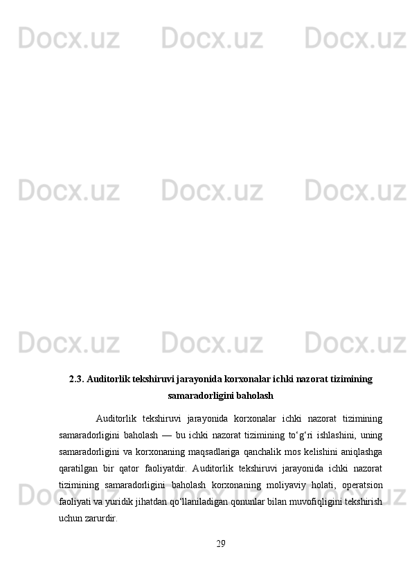 2.3.  Auditorlik tekshiruvi jarayonida korxonalar i chki nazorat tizimining
samaradorligini baholash
            Auditorlik   tekshiruvi   jarayonida   korxonalar   ichki   nazorat   tizimining
samaradorligini   baholash   —   bu   ichki   nazorat   tizimining   to‘g‘ri   ishlashini,   uning
samaradorligini   va   korxonaning   maqsadlariga   qanchalik   mos   kelishini   aniqlashga
qaratilgan   bir   qator   faoliyatdir.   Auditorlik   tekshiruvi   jarayonida   ichki   nazorat
tizimining   samaradorligini   baholash   korxonaning   moliyaviy   holati,   operatsion
faoliyati va yuridik jihatdan qo‘llaniladigan qonunlar bilan muvofiqligini tekshirish
uchun zarurdir.
29 