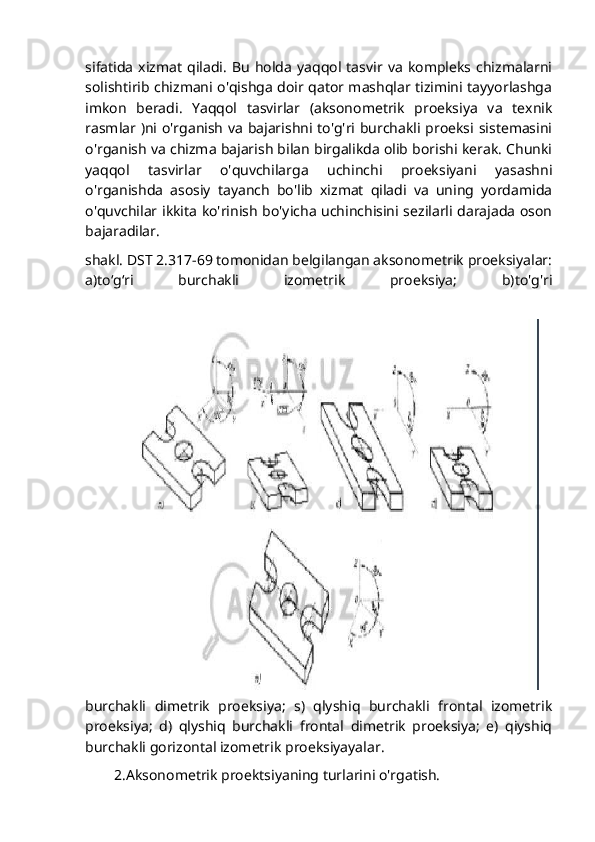 sifatida   xizmat   qiladi.   Bu   holda   yaqqol  tasvir  va   kompleks  chizmalarni
solishtirib chizmani o'qishga doir qator mashqlar tizimini tayyorlashga
imkon   beradi.   Yaqqol   tasvirlar   (aksonometrik   proeksiya   va   texnik
rasmlar )ni o'rganish va bajarishni to'g'ri burchakli proeksi sistemasini
o'rganish va chizma bajarish bilan birgalikda olib borishi kerak. Chunki
yaqqol   tasvirlar   o'quvchilarga   uchinchi   proeksiyani   yasashni
o'rganishda   asosiy   tayanch   bo'lib   xizmat   qiladi   va   uning   yordamida
o'quvchilar ikkita ko'rinish bo'yicha uchinchisini sezilarli darajada oson
bajaradilar.
shakl. DST 2.317-69 tomonidan belgilangan aksonometrik proeksiyalar:
a)toʻgʻri   burchakli   izometrik   proeksiya;   b)to'g'ri
burchakli   dimetrik   proeksiya;   s)   qlyshiq   burchakli   frontal   izometrik
proeksiya;   d)   qlyshiq   burchakli   frontal   dimetrik   proeksiya;   e)   qiyshiq
burchakli gorizontal izometrik proeksiyayalar.
        2.Aksonometrik proektsiyaning turlarini o'rgatish. 