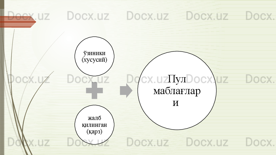 ўзиники 
(хусусий)
жалб 
қилинган 
(қарз) Пул 
маблағлар
и