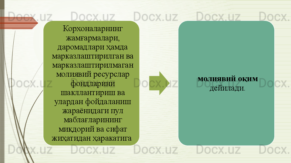 Корхоналарнинг 
жамғармалари, 
даромадлари ҳамда 
марказлаштирилган ва 
марказлаштирилмаган 
молиявий ресурслар 
фондларини 
шакллантириш ва 
улардан фойдаланиш 
жараёнидаги пул 
маблағларининг 
миқдорий ва сифат 
жиҳатидан ҳаракатига  молиявий оқим 
дейилади.