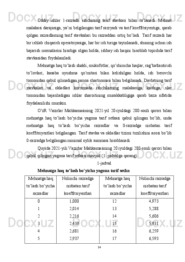 Oddiy   ishlar   1-razradli   ishchining   tarif   stavkasi   bilan   to’lanadi.   Mehnat
malakasi darajasiga, ya’ni belgilangan tarif razryadi va tarif koeffitsiyentiga, qarab
qolgan   razradlarning   tarif   stavkalari   bu   razraddan   ortiq   bo’ladi.   Т arif   razradi   har
bir ishlab chiqarish operatsiyasiga, har bir ish turiga tayinlanadi, shuning uchun ish
bajarish normalarini hisobga olgan holda, ishbay ish haqini hisoblab topishda tarif
stavkasidan foydalaniladi.
Mehnatga haq to’lash shakli, mukofotlar, qo’shimcha haqlar, rag’batlantirish
to’lovlari,   kasaba   uyushma   qo’mitasi   bilan   kelishilgan   holda,   ish   beruvchi
tomonidan qabul qilinadigan jamoa shartnomasi bilan belgilanadi. Davlatning tarif
stavkalari   va   okladlari   korxonada   ishchilarning   malakasiga,   kasbiga,   ular
tomonidan   bajariladigan   ishlar   sharoitining   murakkabligiga   qarab   baza   sifatida
foydalanilishi mumkin.
O’zR   Vazirlar   Mahkamasining   2021-yil   20-iyuldagi   280-sonli   qarori   bilan
mehnatga   haq   to’lash   bo’yicha   yagona   tarif   setkasi   qabul   qilingan   bo’lib,   unda
mehnatga   haq   to’lash   bo’yicha   razradlar   va   0-razradga   nisbatan   tarif
koeffitsiyentlari belgilangan.  Т arif stavka va okladlar tizimi tuzilishini asosi bo’lib
0-razradga belgilangan minimal oylik summasi hisoblanadi.
Quyida 2021-yili Vazirlar Mahkamasining 20 iyuldagi 280-sonli qarori bilan
qabul qilingan yagona tarif setkasi mavjud (1 -jadvalga qarang).
1-jadval.
Mehnatga haq to’lash bo’yicha yagona tarif setka
Mehnatga haq
to’lash bo’yicha
razradlar Nolinchi razradga
nisbatan tarif
koeffitsiyentlari Mehnatga haq
to’lash bo’yicha
razradlar Nolinchi razradga
nisbatan tarif
koeffitsiyentlari
0
1
2
3
4
5 1,000
2,014
2,216
2,439
2,681
2,937 12
13
14
15
16
17 4,973
5,288
5,606
5,931
6,259
6,593
14 