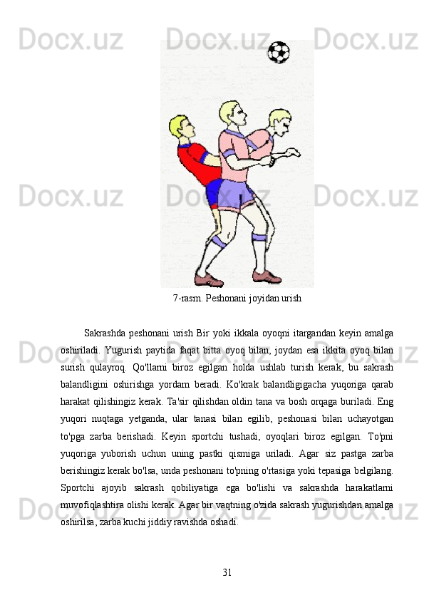 7-rasm. Peshonani joyidan urish
  Sakrashda   peshonani   urish   Bir   yoki   ikkala  oyoqni   itargandan   keyin   amalga
oshiriladi.   Yugurish   paytida   faqat   bitta   oyoq   bilan,   joydan   esa   ikkita   oyoq   bilan
surish   qulayroq.   Qo'llarni   biroz   egilgan   holda   ushlab   turish   kerak,   bu   sakrash
balandligini   oshirishga   yordam   beradi.   Ko'krak   balandligigacha   yuqoriga   qarab
harakat qilishingiz kerak. Ta'sir qilishdan oldin tana va bosh orqaga buriladi. Eng
yuqori   nuqtaga   yetganda,   ular   tanasi   bilan   egilib,   peshonasi   bilan   uchayotgan
to'pga   zarba   berishadi.   Keyin   sportchi   tushadi,   oyoqlari   biroz   egilgan.   To'pni
yuqoriga   yuborish   uchun   uning   pastki   qismiga   uriladi.   Agar   siz   pastga   zarba
berishingiz kerak bo'lsa, unda peshonani to'pning o'rtasiga yoki tepasiga belgilang.
Sportchi   ajoyib   sakrash   qobiliyatiga   ega   bo'lishi   va   sakrashda   harakatlarni
muvofiqlashtira olishi kerak. Agar bir vaqtning o'zida sakrash yugurishdan amalga
oshirilsa, zarba kuchi jiddiy ravishda oshadi. 
31 