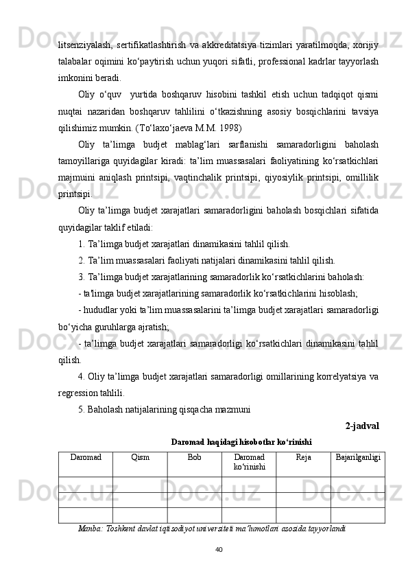 litsenziyalash,   sertifikatlashtirish   va   akkreditatsiya   tizimlari   yaratilmoqda,   xorijiy
talabalar oqimini ko‘paytirish uchun yuqori sifatli, professional kadrlar tayyorlash
imkonini beradi.
Oliy   o‘quv     yurtida   boshqaruv   hisobini   tashkil   etish   uchun   tadqiqot   qismi
nuqtai   nazaridan   boshqaruv   tahlilini   o‘tkazishning   asosiy   bosqichlarini   tavsiya
qilishimiz mumkin.  (To‘laxo‘jaeva M.M. 1998)
Oliy   ta’limga   budjet   mablag‘lari   sarflanishi   samaradorligini   baholash
tamoyillariga   quyidagilar   kiradi:   ta’lim   muassasalari   faoliyatining   ko‘rsatkichlari
majmuini   aniqlash   printsipi,   vaqtinchalik   printsipi,   qiyosiylik   printsipi,   omillilik
printsipi.
Oliy  ta’limga  budjet  xarajatlari   samaradorligini   baholash  bosqichlari  sifatida
quyidagilar taklif etiladi:
1. Ta’limga budjet xarajatlari dinamikasini tahlil qilish.
2. Ta’lim muassasalari faoliyati natijalari dinamikasini tahlil qilish.
3. Ta’limga budjet xarajatlarining samaradorlik ko‘rsatkichlarini baholash:
- ta'limga budjet xarajatlarining samaradorlik ko‘rsatkichlarini hisoblash;
- hududlar yoki ta’lim muassasalarini ta’limga budjet xarajatlari samaradorligi
bo‘yicha guruhlarga ajratish;
-   ta’limga   budjet   xarajatlari   samaradorligi   ko‘rsatkichlari   dinamikasini   tahlil
qilish.
4. Oliy ta’limga budjet xarajatlari samaradorligi omillarining korrelyatsiya va
regression tahlili.
5. Baholash natijalarining qisqacha mazmuni
2-jadval
D ar o m a d   h a q i d agi hiso b otlar ko‘rinishi 
Daromad  Qism Bob Daromad
ko‘rinishi Reja Bajarilganligi
Manba:  Toshkent davlat iqtisodiyot universiteti ma’lumotlari asosida tayyorlandi
40 