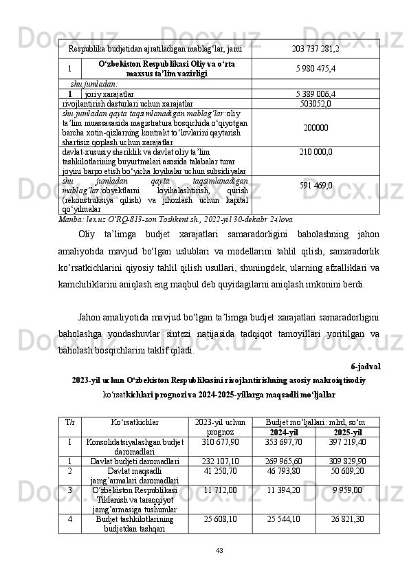 Respublika budjetidan ajratiladigan mablag‘lar, jami 203 737 281,2
1 O‘zbekiston Respublikasi Oliy va o‘rta
maxsus ta’lim vazirligi  5 980 475,4
s hu jumladan:
1 joriy xarajatlar 5 389 006,4
rivojlantirish dasturlari uchun xarajatlar 503052,0
shu   jumladan   qayta   taqsimlanadigan   mablag ‘ lar : oliy  
ta ’ lim   muassasasida   magistratura   bosqichida   o ‘ qiyotgan
barcha   xotin - qizlarning   kontrakt   to ‘ lovlarini   qaytarish  
shartisiz   qoplash   uchun   xarajatlar 200000
davlat-xususiy sheriklik va davlat oliy ta’lim 
tashkilotlarining buyurtmalari asosida talabalar turar 
joyini barpo etish bo‘yicha loyihalar uchun subsidiyalar 210 000,0
shu   jumladan   qayta   taqsimlanadigan
mablag ‘ lar : obyektlarni   loyihalashtirish ,   qurish
( rekonstruksiya   qilish )   va   jihozlash   uchun   kapital
qo ‘ yilmalar 591 469,0
Manba:  l ex.uz O’RQ-813-son Toshkent sh., 2022-yil 30-dekabr  2 -ilova
Oliy   ta’limga   budjet   xarajatlari   samaradorligini   baholashning   jahon
amaliyotida   mavjud   bo‘lgan   uslublari   va   modellarini   tahlil   qilish,   samaradorlik
ko‘rsatkichlarini  qiyosiy  tahlil  qilish   usullari,  shuningdek,  ularning  afzalliklari  va
kamchiliklarini aniqlash eng maqbul deb quyidagilarni aniqlash imkonini berdi.
Jahon amaliyotida mavjud bo‘lgan ta’limga budjet xarajatlari samaradorligini
baholashga   yondashuvlar   sintezi   natijasida   tadqiqot   tamoyillari   yoritilgan   va
baholash bosqichlarini taklif qiladi.
6-jadval
2023-yil uchun O‘zbekiston Respublikasini rivojlantirishning asosiy makroiqtisodiy
ko‘rsat kichlari prognozi va 2024-2025-yillarga maqsadli mo‘ljallar
T/r Ko‘rsatkichlar 2023-yil uchun
prognoz Budjet mo’ljallari: mlrd, so‘m
2024-yil 2025-yil
I Konsolidatsiyalashgan budjet
daromadlari 310 677,90 353 697,70 397 219,40
1 Davlat budjeti daromadlari 232 107,10 269 965,60 309 829,90
2 Davlat maqsadli
jamg’armalari daromadlari 41 250,70 46 793,80 50 609,20
3 O’zbekiston Respublikasi
Tiklanish va taraqqiyot 
jamg’armasiga tushumlar 11 712,00 11 394,20 9 959,00
4 Budjet tashkilotlarining
budjetdan tashqari  25 608,10 25 544,10 26 821,30
43 