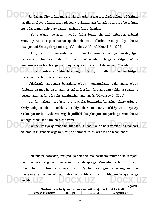 Jumladan, Oliy ta’lim muassasalarida ustama xaq hisoblash uchun to’ldirilgan
tabellarga   ilova   qilinadigan   pedagogik   yuklamalarni   bajarilishiga   asos   bo‘ladigan
xujjatlar hamda ashyoviy dalilar tekshiruvdan o’tkaziladi.
  Ya’ni   o‘quv     rejasiga   muvofiq   daftar   tekshirish,   sinf   raxbarligi,   kabinet
mudirligi   va   boshqalar   uchun   qo’shimcha   xaq   to’lashni   hisobga   olgan   holda
tuzilgan tarifikatsiyalarga mosligi.   (Vahobov A.V., Malikov T.S., 2008)
  Oliy   ta’lim   muassasalarida   o‘rindoshlik   asosida   faoliyat   yuritayotgan
professor-o’qituvchilar   bilan   tuzilgan   shartnomalar,   ularga   ajratilgan   o‘quv
yuklamalari va hisoblangan ish xaqi taqqoslash orqali tekshiruvdan o’tkaziladi. 
Bunda,   professor-o’qituvchilarning   me’yoriy   xujjatlari   umumlashtirilgan
jurnal va guruh jurnallari qiyoslanadi. 
Tekshirish   jarayonida   bajarilgan   o‘quv     yuklamalarini   belgilangan   o‘quv
dasturlariga mos holda amalga oshirilganligi  hamda bajarilgan yuklama soatlarini
guruh jurnallarida to’liq aks ettirilganligi aniqlanadi .  (Xаydаrоv N, 2001)
Bundan tashqari, professor-o‘qituvchilar  tomonidan bajarilgan ilmiy-uslubiy,
ilmiy   tadqiqot   ishlari,   tashkiliy-uslubiy   ishlar,   ma’naviy-ma’rifiy   va   tarbiyaviy
ishlar   yuzasidan   yuklamaning   bajarilishi   belgilangan   me’yorlarga   mos   holda
amalga oshirilganligini aniqlash zarur.
Kompensatsiya qonunda belgilangan ish haqi va ish haqi va ularning standart
va amaldagi standartlarga muvofiq qo'shimcha to'lovlari asosida hisoblanadi. 
Shu   nuqtai   nazardan,   mavjud   qoidalar   va   standartlarga   muvofiqlik   darajasi,
uning   samaradorligi   va   muassasaning   ish   darajasiga   ta'siri   alohida   tahlil   qilinadi.
Shuni   ham   unutmaslik   kerakki,   ish   bo'yicha   bajarilgan   ishlarning   miqdori
moliyaviy   yilda   ko'rsatilgan   ishlardan   kelib   chiqqan   holda   smeta   qiymatiga
kiritiladi.
9-jadval
Toshkent davlat iqtisodiyot universiteti xarajatlar bo‘yicha tahlili
Daromad manbalari 2021-yil 2022-yil O‘zgarishlar
48