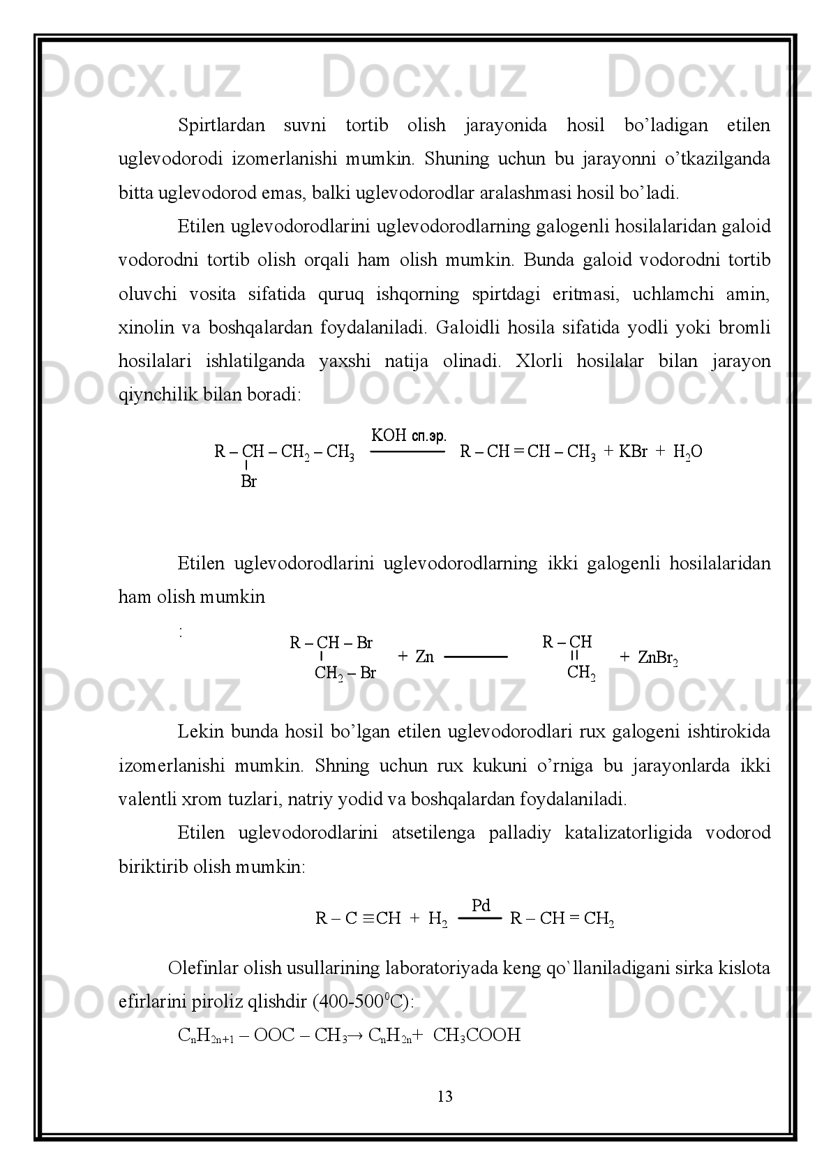 I.BOB. Adabiyotlar sharxi
1.1Neft tarkibidagi to’yingan alkanlar, ularning uchrashi va olinishi
  Alkanlar   tabiatda   keng   tarqalgan   moddalar   bo`lib,   ularning   quyi   vakillari   yer
qobig`idan   chiqadigan   tabiiy   gazlarning   asosiy   tarkibiy   qismini   tashkil   qiladi.   Neft
ham to`yingan uglevodorodlar aralashmasining asosiy tabiiy manbai hisoblanadi. Tog`
mumi,   ya`ni   ozokerit   qattiq   parafirinlar   aralashmasidir.   Bundan   tashqari,   to`yingan
uglevodorodlarning   ba`zi   vakillari   o`simliklardan   ham   ajratib   olingan.   Lekin
individual   ugledorodlarni   tabiiy   manbalardan,   jumladan,   neft   va   uning   kreking
mahsulotlaridan   sof   holda   ajratib   olish   ko`p   mehnat   talab   qiladigan   qiyin   ishdir.
Shuning   uchun   ularni   olishning   ko`pgina   sintetik   usullari   ham   ishlab   chiqilgan.
Qulaylik   uchun   alkanlarning   sintetik   olinish   usullarini   3   gruppaga     bo`lib
o`rganamiz.To’yingan uglevodorodlarni olish usullarini uchga bo’lish mumkin:
a) Tabiiy birikmalardan ajratib olish.
b)   Sanoat   usuli.   Sanoatda   to’yinga   n   uglevodorodlarni   СO   va   vodoroddan,
neftni krekinlab, to’yinmagan uglevodorodlarga vodorod biriktirib olish mumkin.
Katalizator   sifatida   СuO,   Cr
2 O
3   va   boshqalar   ishlatilganda   vodorodni   birikish
jarayoni bosim ostida olib boriladi.
v)   To’yingan   uglevodorodlarni   laboratoriya   sharoitida   olishning   bir   necha
usullari   ishlab   chiqilgan.   Ularni   to’yingan   uglevodorodlarni   galogenli   hosilalarini
vodorod bilan katalizator ishtirokida qaytarib olish mumkin.
Bunda   vodorod   Pd,   Pt,   yoki   Ni   metallari   yuzasida   yutilib   qo’zg’algan   (faol)
holatga o’tadi.
5R 	–	CH = CH	2+  H	2	R 	–	CH	2–CH	3	
Pt, Pd, Ni	
R 	–	CH = CH	2+  H	2	R 	–	CH	2–CH	3	
Pt, Pd, Ni	
R 	–Cl	+  H	2	R 	–H  +  	HCl	Pt	
H 	–H   +  Pt                H      H              2H (Pt) 	
Pt	
R 	–Cl	+  H	2	R 	–H  +  	HCl	Pt	R 	–Cl	+  H	2	R 	–H  +  	HCl	Pt	
H 	–H   +  Pt                H      H              2H (Pt) 	
Pt	
H 	–H   +  Pt                H      H              2H (Pt) 	
Pt 