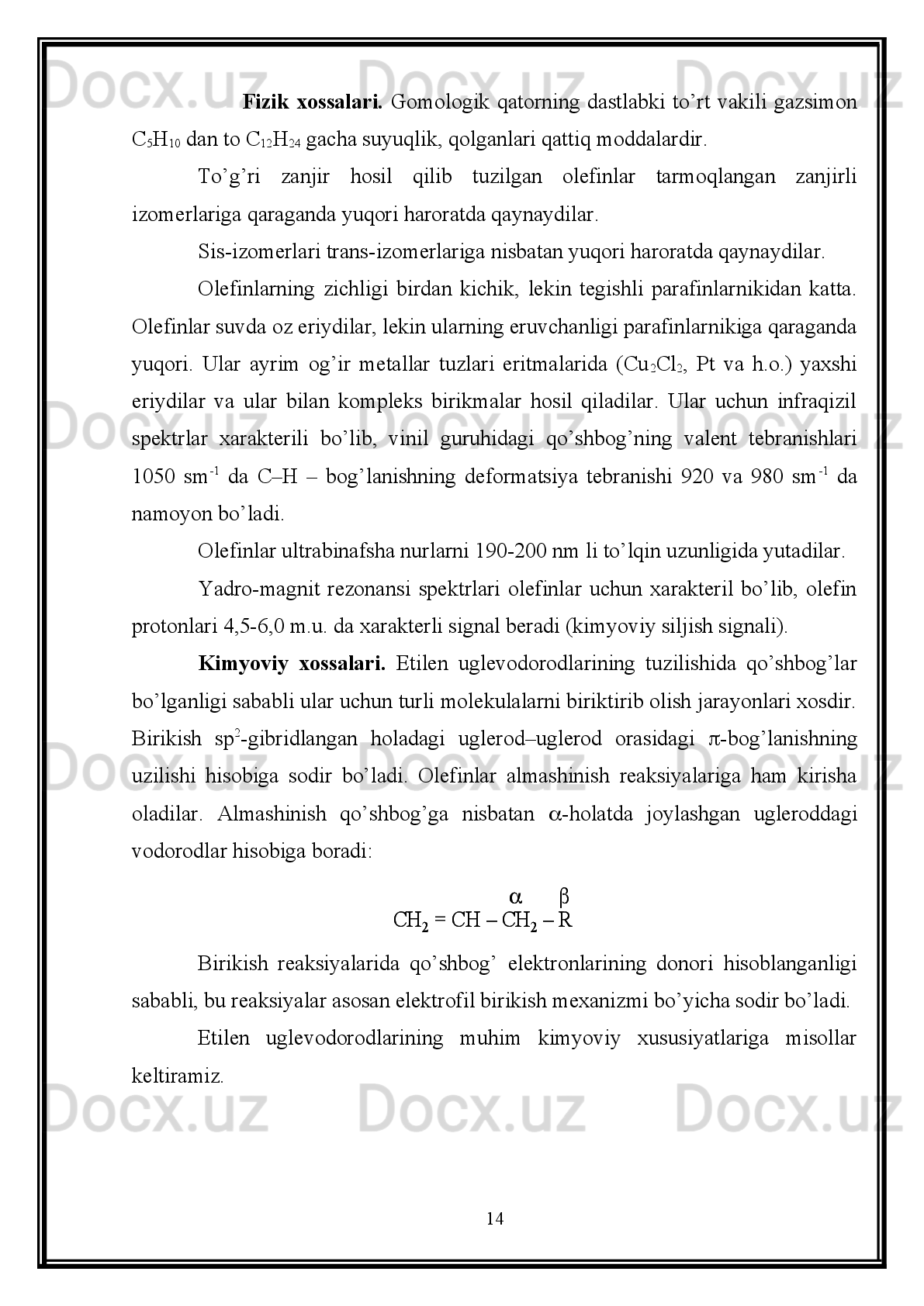 To’yingan   uglevodorodlarni   yodli   hosilalarini   vodorod   yodid   bilan   qaytarib
ham olish mumkin:
To’yingan uglevodorodlarni organik karbon kislotalarning natriyli yoki kaliyli
tuzlarini   o’yuvchi   ishqorlar   bilan   qizdirish   orqali   ham   olish   mumkin   (Kolbe
reaksiyasi):
Bu reaksiya dekarboksillash reaksiyasi deyiladi.
To’yingan   uglevodorodlarni   laboratoriyada   olishda   nemis   olimi   Vyurs   kashf
etgan   usul   katta   ahamiyatga   ega.   Bu   usul   bilan   uglevodorodlarni   tuzilishini   oldindan
belgilangan   holda   hosil   qilish   mumkin.   Bu   reaksiya   to’yingan   uglevodorodlarning
galogenli – yodli, bromli ayrim hollarda esa xlorli hosilalari (galoid alkillar)ga natriy
metali ta’sir ettirish orqali amalga oshiriladi.
Agar   reaksiya   uchun   bir   xil   galoid   alkil   olinsa   unda   bitta   uglevodorod   hosil
bo’ladi:
Agar   reaksiya   uchun   har   xil   tuzilishga   ega   bo’lgan   galoid   alkillar   olinsa,   uch
xil uglevodorodlarning aralashmasi hosil bo’ladi, ya’ni
Bu reaksiyaning mexanizmini rus olimi P.P. Sharigin o’rgangan bo’lib, bunga
ko’ra reaksiya ikki bosqichda boradi:
6R 	–CH	2–COONa	+  	NaOH	R 	–CH	3+  Na	2CO	3	R 	–CH	2–COONa	+  	NaOH	R 	–CH	3+  Na	2CO	3	
R 	–J  +  HJ            R 	–H  +  J	2	R 	–J  +  HJ            R 	–H  +  J	2	
CH	3–J  +  2Na  +  J 	–CH	3	CH	3–CH	3	+  2NaJ	CH	3–J  +  2Na  +  J 	–CH	3	CH	3–CH	3	+  2NaJ	
R 	–J  +  2Na  +  J 	–R’	R 	–R’	+  2NaJ	
R 	–R 	
R’–R’	
R 	–J  +  2Na  +  J 	–R’	R 	–R’	+  2NaJ	
R 	–R 	
R’–R’	
R 	–J  +  2Na  +  J 	–R	R 	–R  +  2NaJ	R 	–J  +  2Na  +  J 	–R	R 	–R  +  2NaJ 