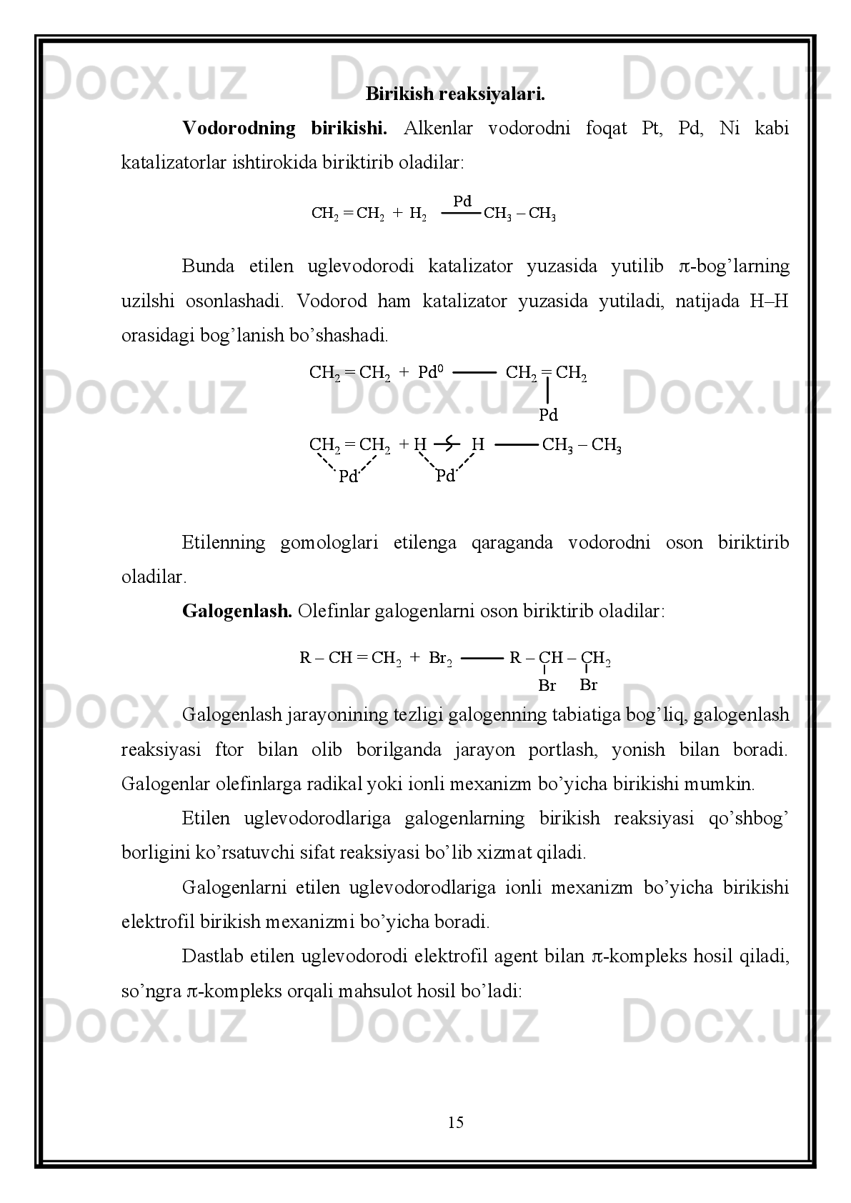 Dastlab   galoid   alkil   natriy   metali   bilan   oraliq   mahsulot   natriy   organik
birikmani hosil qiladi:
Oraliq mahsulot galoid alkilning ikkinchi molekulasi bilan ta’sir etib to’yingan
uglevodorodlarni hosil qiladi:
Bu  reaksiya   birlamchi   galoid alkillar  bilan  o’tkazilganda  yaxshi  natija  beradi.
Ikkilamchi, uchlamchi galoid alkillardan foydalanilganda esa qo’shimcha mahsulotlar
hosil bo’lishi hisobiga kerakli uglevodorodning hosil bo’lish miqdori kamayib ketadi.
Natriy metali o’rniga litiy, rux, magniy kabi metallardan ham foydalanish mumkin.
Bulardan   tashqari   to’yingan   uglevodorodlarni   metall   karbidlariga   suv   ta’sir
ettirib,   karbon   kislotlar   va   ularning   tuzlarini   elektroliz   qilib,   metall   oragnik
birikmalardan ham olish mumkin.
To’yingan   uglevodorodlar   neftni   qayta   ishlash   vaqtida   ko’p   miqdorda   hosil
bo’lganligi   va   tabiatda   tayyor   holda   mavjud   bo’lganligi   sababli   yuqoridagi   usullar
bilan deyyarli olinmaydi.
Organik   birikmalarning   asosiy   xom   ashyo   manbalari   bo’lib   tabiiy   gaz,   neft,
toshko’mir   va   toshko’mir   qatroni,   torf,   qishloq   va   o’rmon   xo’jaligi   mahsulotlari
xizmat qiladi.
Tabiiy   gazlar.   Tabiiy   gazlarning   asosiy   tarkibini   (92   –   96%   gacha)   metan
tashkil etadi. Ularning tarkibida 6% gacha boshqa ugleovdorodlar (etan, propan, butan
va   oltingugurt   birkmalari   hamda   uglerod-(IV)-oksidi)   bo’ladi.   Sanoatda   metandan
atsetilen,   vodorod,   qorakuya,   xlorli   erituvchilar   va   boshqalar   olinadi.   Metan   asosida
yuzlab   organik   birikmalarni   hosil   qilish   mumkin.  Tabiiy  gazlarni   qazib  olish   vaqtida
gaz   kondensati   ham   ajralib   chiqadi.   Gaz   kondensat   suyuq   uglevodorodlarning
aralashmasi   bo’lib,   undan   juda   ko’p   alohida   uglevodorodlarni   ajratib   olish   mumkin.
O’zbekistonda   tabiiy   gazlarning   katta   miqdori   Gazli,   Sho’rtan,   Surxondaryo   viloyati,
Muborak   va   boshqa   rayonlardan   qazib   olinmoqda.   O’zbekistonda   har   yili   55   mlrd
kubometrdan ortiq tabiiy gaz, 3,5 mln. tonnagacha gaz kondensati qazib olinadi.
7R 	–	CH	2–	Br   +   2Na	[R 	–	CH	2:]–Na	+	+   	NaBr	R 	–	CH	2–	Br   +   2Na	[R 	–	CH	2:]–Na	+	+   	NaBr	
R 	–	CH	2:  +  R 	–CH	2-Br	R 	–	CH	2 –CH	2–R  +  Br	–	R 	–	CH	2:  +  R 	–CH	2-Br	R 	–	CH	2 –CH	2–R  +  Br	– 