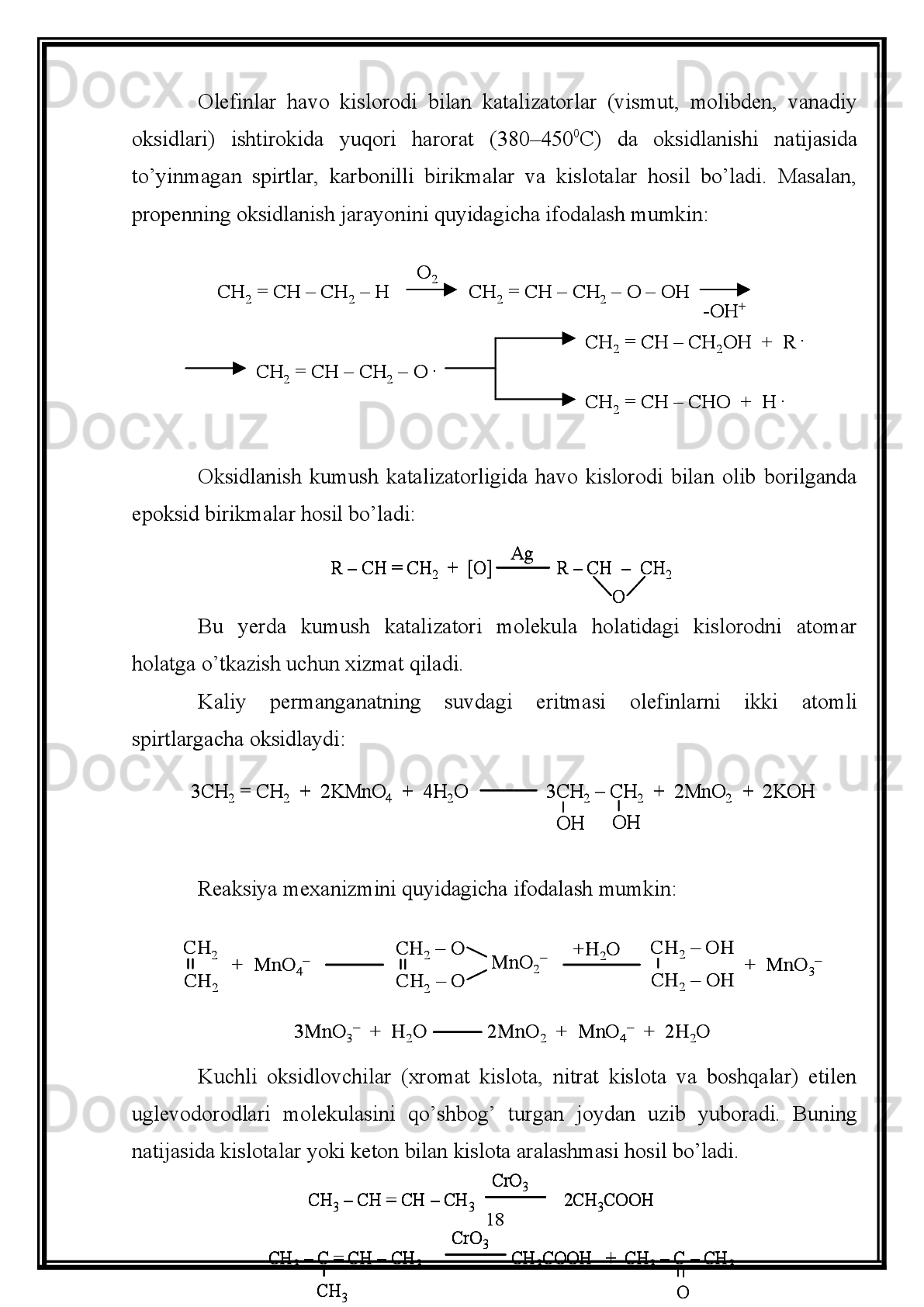 a`zolari olefinlar deb ataladi. Bundan tashqari etilen uglevodorodlar alkenlar deb ham
yuritiladi. Ularning tuzilishi sp 2
-gibridlangan  (multimediyadan foydalanish C
6  - C
10 )
Alkenlarning   izomeriyasi   va   nomlanishi.   Olefinlarning   izomeriyasi
(zanjirning tarmoqlanmaganligi yoki tarmoqlanganligi) zanjirdagi qo`shbog` holatiga,
atomlar yoki atom gruppalarining fazoda qanday joylashganligiga (stereoizomeriyaga)
bog`liqdir.
To`yinmagan uglevodorodlarning stereoizomeriyasi ikki xil: sis- hamda trans-
izomeriya   bo`ladi.   Olefinlarning   sis-   izomerlarida   atomlar   yoki   atom   gruppalari
molekuladagi   qo`sh   bog`ning   bir   tomonida,   trans-   izomerlarda   esa   ikki   tomonida
joylashgan bo`ladi: 
   sis- izomer                       trans-izomer
Ko`pgina   olefinlarda   sis-trans   izomerlar   mavjudligining   sababi   shuki,   ikki
uglerod   atomi   orasidagi   (C-C)    -bog`   o`z   o`qi   atrofida   erkin   holda   aylana   olmaydi,
chunki bunday aylanishga π-bog` (C=C) doimo qarshilik ko`rsatadi. Olefinlarning bir
xil   stereoizomeri   yuqori   temperaturada   ikkinchi   xil   izomerga   aylanishi   mumkin.
Temperatura   yuqori   bo`lganda   molekuladagi   qo`sh   bog`ning   (π-bog`)   energiyasi
zaiflashadi.   Uglevodorod   molekulasida   uglerod   atomlarining   soni   ortishi   bilan
izomerlar soni ham orta boradi. 
Quyida   ba`zi   olefinlarning   Jeneva   hamda   rasional   nomenklaturasiga   muvofiq
atalishi ko`rsatilgan:
CH
2  = CH
2                         eten, etilen
CH
2  =CH – CH
2                propen, metiletilen, propilen
    CH
2  =CH – CH
2  – CH
3    1-buten, etiletilen, butilen            
    CH
2 –CH=CH–CH
3      2- buten, simmetrik dimetiletilen 
10 