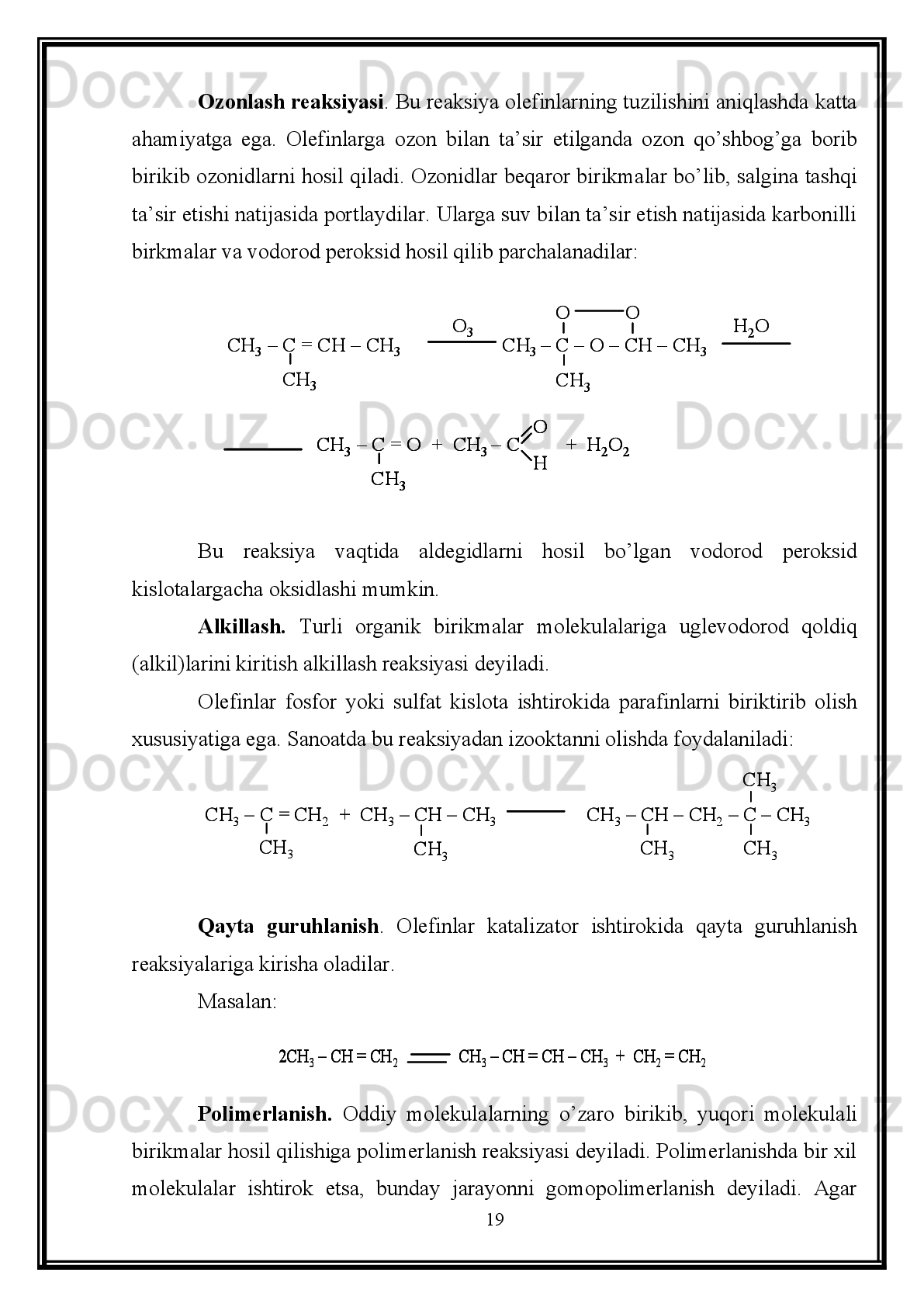 Olefinlarning   nomini   yozishda   qo`shbog`   yonidagi   uglerodning   nomerini
ko`rsatuvchi   raqamni   «en»   qo`shimchadan   keyin   yoki   oldin,   yohud   zanjirdagi
uglerodning umumiy sonini ifodalovchi so`zdan oldin qo`yish mumkin. 
To`yinmagan   uglevodorodlar   to`yinmagan   radikallar   hosil   qiladi.   Ular
ko`pincha,   tarixiy   nom   bilan   ataladi.   Masalan,   etilendan   hosil   bo`ladigan   radikal
CH
2 =CH- vinil; propilendan hosil bo`ladigan radikal CH
2 =CH-CH
2 - allil deyiladi. 
To`yinmagan radikallar Jeneva nomenklaturasiga muvofiq ham ataladi. Buning
uchun   tegishli   olefin   nomiga     «il»   qo`shimcha   qo`shiladi.   Zarur   bo`lsa   radikaldagi
qo`shboq   yonida   joylashgan   uglerod   atomi   raqam   bilan   ko`rsatiladi.   Raqam
qo`shimcha «il» dan oldin yoki keyin qo`yilishi mumkin. 
Masalan:
    CH
2   = CH-                                  vinil, yoki etinel,
CH
2  = CH - CH
2 -                         allil , yoki propen-2-il –1,
    CH
3   - CH = CH-                           propenil, yoki propen – 1 –il –1 ,
    CH
3  - C  = CH
2                              izopropenil, yoki propen –1 –il –2,
|
    CH
3  -  CH = CH – CH
2  -               krotil, yoki buten –2 – il –1, 
Olinish   usullari.   Etilen   uglevodorodlari   neft   tarkibida   uchraydi.   Neft
tarkibidan C
6 H
12  dan C
13 H
26  gacha bo’lganlari ajratib olinadi.
Etilen   uglevodorodlarining   dastlabki   to’rt   vakili   neftni   qayta   ishlash
mahsulotlari   tarkibidan   ajratib   olinadi.   Ularni   yana   toshko’mirni   koksga   aylantirish
vaqtida hosil bo’ladigan gazlardan ham ajratib olish mumkin.
11 