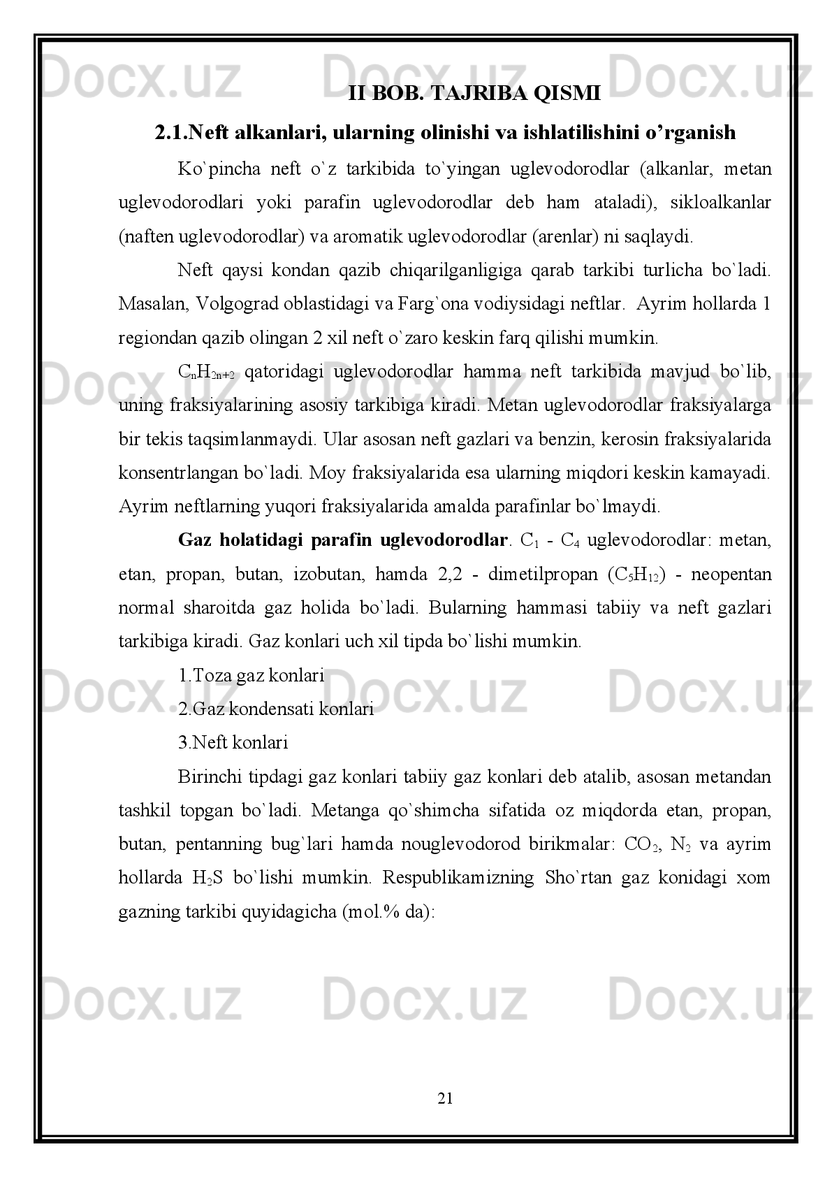 Fizik xossalari.   Gomologik qatorning dastlabki to’rt vakili gazsimon
C
5 H
10  dan to C
12 H
24  gacha suyuqlik, qolganlari qattiq moddalardir.
To’g’ri   zanjir   hosil   qilib   tuzilgan   olefinlar   tarmoqlangan   zanjirli
izomerlariga qaraganda yuqori haroratda qaynaydilar.
Sis-izomerlari trans-izomerlariga nisbatan yuqori haroratda qaynaydilar.
Olefinlarning   zichligi   birdan   kichik,   lekin   tegishli   parafinlarnikidan   katta.
Olefinlar suvda oz eriydilar, lekin ularning eruvchanligi parafinlarnikiga qaraganda
yuqori.   Ular   ayrim   og’ir   metallar   tuzlari   eritmalarida   (Cu
2 Cl
2 ,   Pt   va   h.o.)   yaxshi
eriydilar   va   ular   bilan   kompleks   birikmalar   hosil   qiladilar.   Ular   uchun   infraqizil
spektrlar   xarakterili   bo’lib,   vinil   guruhidagi   qo’shbog’ning   valent   tebranishlari
1050   sm -1
  da   C–H   –   bog’lanishning   deformatsiya   tebranishi   920   va   980   sm -1
  da
namoyon bo’ladi. 
Olefinlar ultrabinafsha nurlarni 190-200 nm li to’lqin uzunligida yutadilar.
Yadro-magnit  rezonansi   spektrlari  olefinlar   uchun  xarakteril  bo’lib,  olefin
protonlari 4,5-6,0 m.u. da xarakterli signal beradi (kimyoviy siljish signali).
Kimyoviy   xossalari.   Etilen   uglevodorodlarining   tuzilishida   qo’shbog’lar
bo’lganligi sababli ular uchun turli molekulalarni biriktirib olish jarayonlari xosdir.
Birikish   sp 2
-gibridlangan   holadagi   uglerod–uglerod   orasidagi    -bog’lanishning
uzilishi   hisobiga   sodir   bo’ladi.   Olefinlar   almashinish   reaksiyalariga   ham   kirisha
oladilar.   Almashinish   qo’shbog’ga   nisbatan    -holatda   joylashgan   ugleroddagi
vodorodlar hisobiga boradi:
Birikish   reaksiyalarida   qo’shbog’   elektronlarining   donori   hisoblanganligi
sababli, bu reaksiyalar asosan elektrofil birikish mexanizmi bo’yicha sodir bo’ladi.
Etilen   uglevodorodlarining   muhim   kimyoviy   xususiyatlariga   misollar
keltiramiz.
14CH	2= CH 	–CH	2–R 	
		
CH	2= CH 	–CH	2–R 	
	 