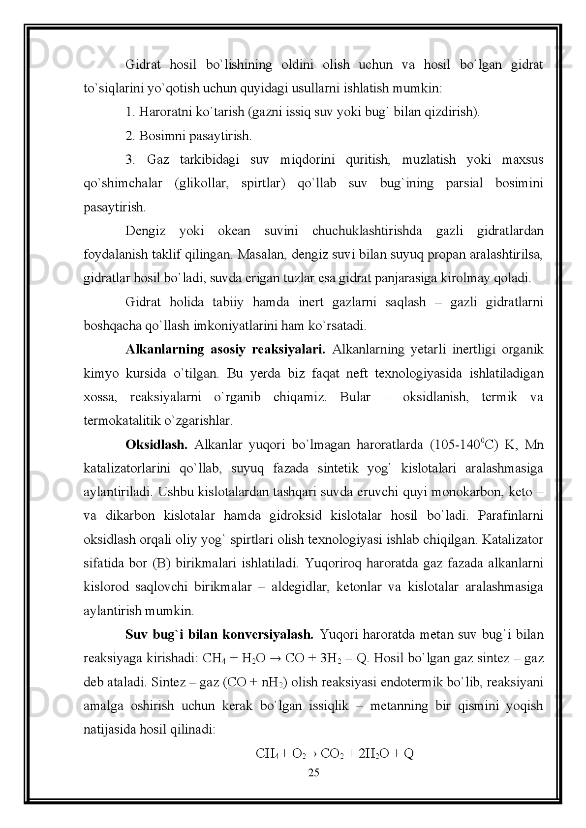 Olefinlar   havo   kislorodi   bilan   katalizatorlar   (vismut,   molibden,   vanadiy
oksidlari)   ishtirokida   yuqori   harorat   (380–450 0
C)   da   oksidlanishi   natijasida
to’yinmagan   spirtlar,   karbonilli   birikmalar   va   kislotalar   hosil   bo’ladi.   Masalan,
propenning oksidlanish jarayonini quyidagicha ifodalash mumkin:
Oksidlanish   kumush   katalizatorligida   havo   kislorodi   bilan   olib   borilganda
epoksid birikmalar hosil bo’ladi:
Bu   yerda   kumush   katalizatori   molekula   holatidagi   kislorodni   atomar
holatga o’tkazish uchun xizmat qiladi.
Kaliy   permanganatning   suvdagi   eritmasi   olefinlarni   ikki   atomli
spirtlargacha oksidlaydi:
Reaksiya mexanizmini quyidagicha ifodalash mumkin:
Kuchli   oksidlovchilar   (xromat   kislota,   nitrat   kislota   va   boshqalar)   etilen
uglevodorodlari   molekulasini   qo’shbog’   turgan   joydan   uzib   yuboradi.   Buning
natijasida kislotalar yoki keton bilan kislota aralashmasi hosil bo’ladi.
18Ag	R 	–CH = CH	2+  [O]	R 	–CH  	–	CH	2	
O	
Ag	R 	–CH = CH	2+  [O]	R 	–CH  	–	CH	2	
O	
R 	–CH = CH	2+  [O]	R 	–CH  	–	CH	2	
O	
3CH	2= CH	2	+  2KMnO	4	+  4H	2O                3CH	2–CH	2	+  2MnO	2	+  2KOH	
OH	OH	
3CH	2= CH	2	+  2KMnO	4	+  4H	2O                3CH	2–CH	2	+  2MnO	2	+  2KOH	
OH	OH	
CH	2	
CH	2	
+  MnO	4–	CH	2–O	
CH	2–O 	
MnO	2–	+H	2O	CH	2–OH	
CH	2–OH 	+  MnO	3–	
3MnO	3–	+  H	2O            2MnO	2	+  MnO	4–	+  2H	2O	
CH	2	
CH	2	
+  MnO	4–	CH	2–O	
CH	2–O 	
MnO	2–	+H	2O	CH	2–OH	
CH	2–OH 	+  MnO	3–	
3MnO	3–	+  H	2O            2MnO	2	+  MnO	4–	+  2H	2O	
CH	3–C = CH 	–CH	3	CH	3COOH   +  CH	3–C 	–CH	3	
CrO	3	
CH	3	
CH	3–CH = CH 	–CH	3	2CH	3COOH 	
CrO	3	
O	
CH	3–C = CH 	–CH	3	CH	3COOH   +  CH	3–C 	–CH	3	
CrO	3	
CH	3	
CH	3–C = CH 	–CH	3	CH	3COOH   +  CH	3–C 	–CH	3	
CrO	3	CH	3–C = CH 	–CH	3	CH	3COOH   +  CH	3–C 	–CH	3	
CrO	3	
CH	3	
CH	3–CH = CH 	–CH	3	2CH	3COOH 	
CrO	3	CH	3–CH = CH 	–CH	3	2CH	3COOH 	
CrO	3	
OCH
2 = CH  – CH
2 – H                CH
2 = CH  – CH
2 – O  – OH O
2
- OH +
CH
2 = CH  – CH
2 – O  . CH
2 = CH  – CH
2 OH  +  R  .
CH
2 = CH  – CHO  +  H  .CH
2 = CH  – CH
2 – H                CH
2 = CH  – CH
2 – O  – OH O
2
- OH +
CH
2 = CH  – CH
2 – O  . CH
2 = CH  – CH
2 OH  +  R  .
CH
2 = CH  – CHO  +  H  . 