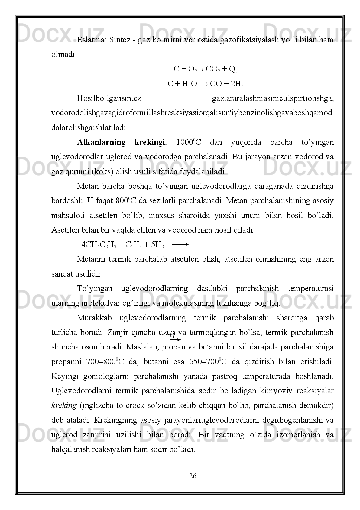 Ozonlash reaksiyasi . Bu reaksiya olefinlarning tuzilishini aniqlashda katta
ahamiyatga   ega.   Olefinlarga   ozon   bilan   ta’sir   etilganda   ozon   qo’shbog’ga   borib
birikib ozonidlarni hosil qiladi. Ozonidlar beqaror birikmalar bo’lib, salgina tashqi
ta’sir etishi natijasida portlaydilar. Ularga suv bilan ta’sir etish natijasida karbonilli
birkmalar va vodorod peroksid hosil qilib parchalanadilar:
Bu   reaksiya   vaqtida   aldegidlarni   hosil   bo’lgan   vodorod   peroksid
kislotalargacha oksidlashi mumkin.
Alkillash.   Turli   organik   birikmalar   molekulalariga   uglevodorod   qoldiq
(alkil)larini kiritish alkillash reaksiyasi deyiladi.
Olefinlar   fosfor   yoki   sulfat   kislota   ishtirokida   parafinlarni   biriktirib   olish
xususiyatiga ega. Sanoatda bu reaksiyadan izooktanni olishda foydalaniladi:
Qayta   guruhlanish .   Olefinlar   katalizator   ishtirokida   qayta   guruhlanish
reaksiyalariga kirisha oladilar.
Masalan:
Polimerlanish.   Oddiy   molekulalarning   o’zaro   birikib,   yuqori   molekulali
birikmalar hosil qilishiga polimerlanish reaksiyasi deyiladi. Polimerlanishda bir xil
molekulalar   ishtirok   etsa,   bunday   jarayonni   gomopolimerlanish   deyiladi.   Agar
19CH3	–C = CH 	–CH 3	CH 3	–C 	–O 	–CH 	–CH 3	
O3	
CH
3	CH
3
O	O	H 2	O	
CH
3	–C = O  +  CH 3 	–C         +  H 2	O 2	
CH
3	
O
H	
CH3	–C = CH 	–CH 3	CH 3	–C 	–O 	–CH 	–CH 3	
O3	
CH
3	CH
3
O	O	H 2	O	
CH
3	–C = O  +  CH 3 	–C         +  H 2	O 2	
CH
3	
O
H	
CH3	–C = O  +  CH 3 	–C         +  H 2	O 2	
CH
3	
O
H	
CH	3–C = CH	2	+  CH	3–CH 	–CH	3	CH	3–CH 	–CH	2–C 	–CH	3	
CH	3	CH	3	CH	3	CH	3	
CH	3	
CH	3–C = CH	2	+  CH	3–CH 	–CH	3	CH	3–CH 	–CH	2–C 	–CH	3	
CH	3	CH	3	CH	3	CH	3	
CH	3	
2CH	3–CH = CH	2	CH	3–CH = 	CH	–CH	3+  CH	2= CH	2	2CH	3–CH = CH	2	CH	3–CH = 	CH	–CH	3+  CH	2= CH	2	2CH	3–CH = CH	2	CH	3–CH = 	CH	–CH	3+  CH	2= CH	2