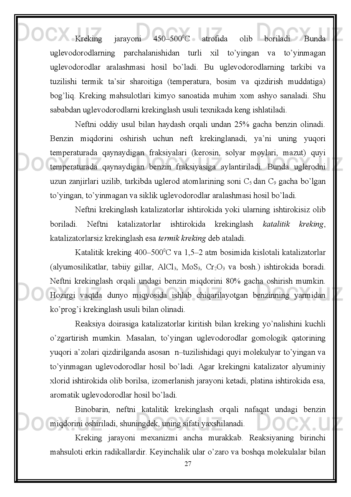 polimerlanishda   har   xil   molekulalar   ishtirok   etsa   sopolimerlanish
(kopolimerlanish), ya’ni birgalikda polimerlanish deyiladi.
Gomopolimerlanishga   etilen   molekulalarining   o’zaro   birikib,   polietilen
hosil qilish reaksiyasi misol bo’la oladi.nCH	2= CH	2	[ -CH	2–CH	2-]n	
100	-200	0C	
Al(C	2H5)3; 10	-20 M	Па	
nCH	2= CH	2	[ -CH	2–CH	2-]n	
100	-200	0C	
Al(C	2H5)3; 10	-20 M	Па
Sopolimerlanishga   vinil   benzol   (stirol)   bilan   akrilonitrilni   polimerlanishi
misol bo’ladi.
Polimerlanish   jarayoni   radikal   yoki   ionli   (katalitik)   mexanizm   bilan   sodir
bo’lishi mumkin.
Radikal   mexanizm     bo’yicha   boruvchi   polimerlanishda   jarayonni   boshlab
beruvchi   vositalar,   ya’ni   oson   radikal   hosil   qiluvchi   birikmalar   –   peroksidlar,
diazoaminobirikmalardan foydalaniladi.
Hosil bo’ladigan radikallar oxirgi mahsulot – polimerning tarkibiga kiradi:
Katalitik   yoki   ionli   polimerlanishda   oraliq   mahsulot   sifatida   kation   yoki
anionlar   hosil   bo’ladi.   Masalan,   etilennnig   HCI   va   AlCl
3   ishtirokidagi
polimerlanishni quyidagicha tasavvur etish mumkin:
20	
nC	6H5–CH = CH	2	+  nCH	2= CH 	–CN              	-CH 	–CH	2–CH	2–CH 	-	
C6H5	CN	n	
nC	6H5–CH = CH	2	+  nCH	2= CH 	–CN              	-CH 	–CH	2–CH	2–CH 	-	
C6H5	CN	
nC	6H5–CH = CH	2	+  nCH	2= CH 	–CN              	-CH 	–CH	2–CH	2–CH 	-	
C6H5	CN	n	
CH	2= 	CH	2	R 	–CH	2–CH	2.	R 	–CH	2–CH	2–CH	2–CH	2.	R.	C2H4	CH	2= 	CH	2	R 	–CH	2–CH	2.	R 	–CH	2–CH	2–CH	2–CH	2.	R.	C2H4	
CH	2= CH	2+  HAlCl	4	CH	3–CH	2+	+  AlCl	4–	
CH	3–CH	2+	+  nCH	2= CH	2	CH	3–CH	2–(-CH	2–CH	2-)n+	
CH	2= CH	2+  HAlCl	4	CH	3–CH	2+	+  AlCl	4–	
CH	3–CH	2+	+  nCH	2= CH	2	CH	3–CH	2–(-CH	2–CH	2-)n+ 