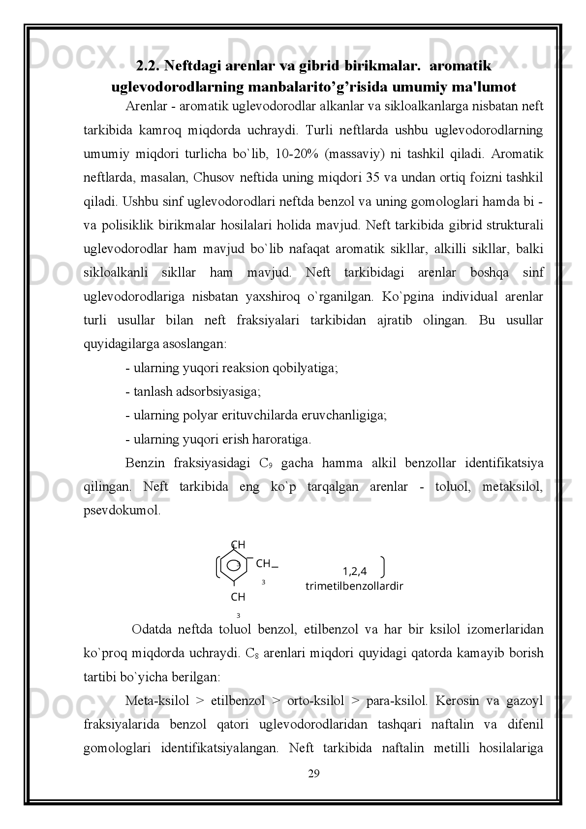 Sho`rtan gaz koni xom gazining tarkibi (% mol.)
Azot 1,584
CO
2 2,307
Metan 90,52
Etan 3,537
Propan 1,06
i – Butan 0,209
n - Butan 0,260
i – Pentan 0,110
Geksan 0,119
Geptan 0,112
H
2 S 0,08
n - Pentan 0,093
Gazning tarkibida metan juda ko`pchilikni tashkil qilsa, bunday gaz "quruq
gaz"   deyiladi.   Gaz   kondensati   konlaridan   chiqadigan   gaz,   odatdagi   gazdan   farq
qilib, metandan tashqari ko`p miqdorda (2-5% va undan ortiq) C
5  va undan yuqori
gomologlari   mavjud   bo`ladi.   Gaz   qazib   olinayotganda   bosimning   tushishi
oqibatida   ular   kondensatga   (suyuqlikka)   aylanadilar.   Gaz   kondensati   konlaridan
ajralib chiqqan gazning tarkibi, kondensatlar ajratib olingandan keyin, "quruq gaz"
tarkibiga   yaqin   bo`ladi.   Neft   konlaridan   ajratib   olinadigan   gazlar   yo`ldosh   neft
gazlari   deyiladi.   Ushbu   gazlar   neftda   erigan   bo`ladi   va   ular   kondan   chiqarib
olingandan   so`ng   ajralib   qoladi.   Yo`ldosh   neft   gazlari   tarkibi   "quruq   gazlar"   dan
keskin farq qilib etan, propan, butanlar va yuqori uglevodorodlar ham bo`ladi.
Suyuq parafin uglevodorodlar . C
5   - C
15   uglevodorodlar normal sharoitda
suyuq   holatda   bo`ladi.   O`z   qaynash   haroratlari   bo`yicha   pentan,   geksan,   geptan,
oktan,   nonan,   dekan   va   ularning   ko`pchilik   izomerlari   neftni   haydashda   ajratib
olinadigan   benzin   distillatlari   tarkibiga   kiradi.   Odatda   tarmoqlangan   zanjirli
22 