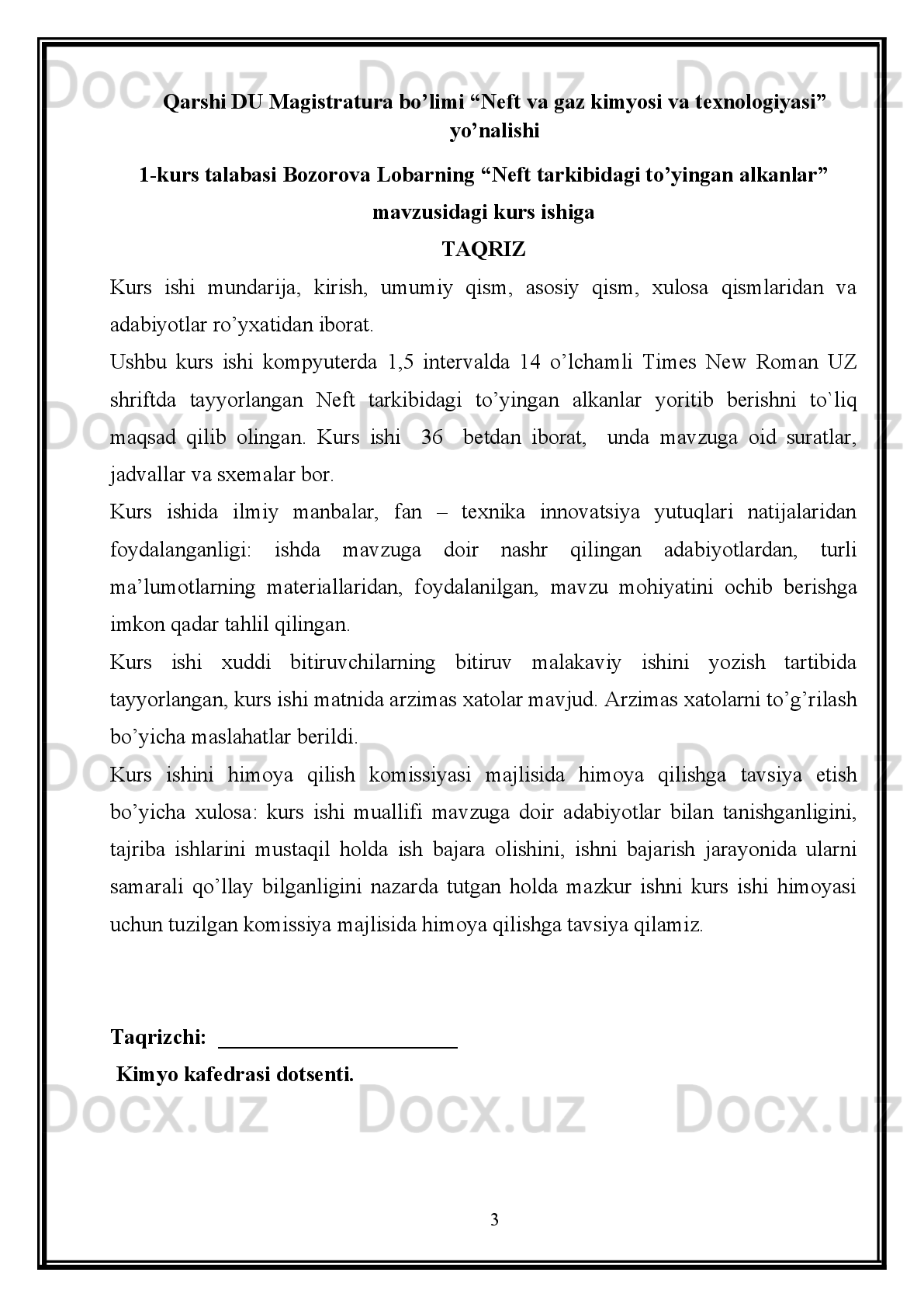 uglevodorodlarning qaynash harorati mos ravishdagi normal parafinlarnikidan past
bo`ladi.
Parafin   uglevodorodlarning   neftdagi   miqdori   turlicha   bo`ladi,   rangsiz
fraksiyalarda   ularning   miqdori   10-70   %   bo`lishi   mumkin.   Metan   uglevodorodlari
kimyoviy nuqtai nazardan nisbatan yuqori mustahkamlikka egadir (oddiy haroratda
ko`pchilik   kuchli   ta'sir   qiluvchi   reagentlar   ta'siri   uchun).   Ular   oksidlanmaydilar,
sulfat va nitrat kislota bilan reaksiyalarga kirishmaydilar. Ularning xlor va boshqa
galogenlar   bilan   reaksiyaga   kirishish   qobiliyatlari   ma'lum.   Maxsus   sharoitlarda
(400 0
C, ko`p miqdorda metan) metandan metilxlorid, metilenxlorid, xloroform va
to`rt   xlor   uglerodlar   hosil   bo`ladi.   Yuqori   harorat   hamda   maxsus   katalizatorlar
ishtirokida   parafin   uglevodorodlar   Konovalov   reaksiyasiga   (nitrolash   reaksiyasi),
to`yinmagan uglevodorodlar bilan alkillash reaksiyalariga, oksidlash reaksiyalariga
kirishishi   mumkin.   Hamma   ushbu   reaksiyalar   sanoat   ahamiyatiga   ega.   Yuqori
haroratlarda alkanlar termik parchalanadi. 
Qattiq   parafin   uglevodorodlar.   C
16   va   undan   yuqori   parafin
uglevodorodlar   normal   sharoitda   qattiq   holatda   bo`ladi.     Geksadekan   (C
16 N
34 )
18,1 0
C da eriydi, texnik nomi setan. 
Qattiq   parafinlar   hamma   neft   tarkibida   mavjud   bo`lib,   odatda   kam
miqdorda (0,1-5 %), parafinli neftlarda esa 7-12 % gacha bo`lishi mumkin. Qattiq
parafinlar   neft   tarkibida   erigan   holda   yoki   muallaq   kristall   holatda   bo`ladi.
Nisbatan   quyi   parafin   uglevodorodlarni   (chiziqli   strukturali)   parafinlar   deyiladi.
Yuqori   molekulyar   qattiq   parafin   uglevodorodlarni   esa   serezinlar   deyiladi.
Sanoatda   turli   moylar   va   yoqilg`ilar   tarkibidagi   parafin   uglevodorodlar
deparafinlash jarayonida ajratib olinadi.
Uglevodorod gazlarini suv bilan hosil qilgan klatrat birikmalari.   Gazli
gidratlar   yoki   suvli   klatratlar   ilgaridan   ma'lum.   1811-yilda   Devi   xlorning   gazli
gidratini   ochgan.   Biroz   keyinroq   uglevodorod   gazlarning   suv   bilan   klatrat
birikmalari izlanishlari o`tkazilgan.  
Gazli klatratlar nostexiometrik qo`shma birikma bo`lib, umumiy formulasi
M  nH
2 O
23 