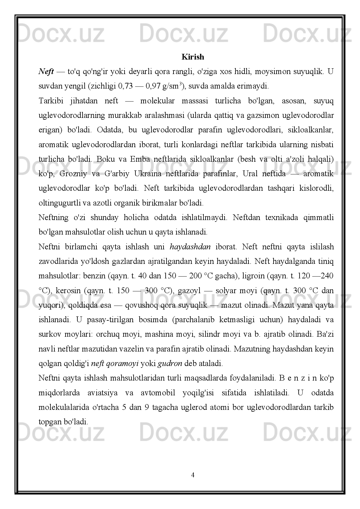 o`zgarishi reaksiyalariga qobiliyati;
- yoqilg`i va moy distillatlarining sifatiga ijobiy ta'siri;
- tuzilishi bilan neft metamorfizmi va genezisi oralig`idagi bog`liqlik.
Neft   kimyo   sanoati   uchun   hozirda   eng   ko`p   ahamiyatga   ega   bo`lgan
uglevodorodlar:  etilen,  propilen,  butadien  va  benzollardir.  Ular  asosida  juda   ko`p
neft kimyoviy mahsulotlar olinadi.
Neftning geteroatomli birikmalari
Hamma   neftlar   tarkibida   uglevodorodlardan   tashqari   anchagina   miqdorda
geteroatomli   birikmalar   mavjuddir.   Ushbu   birikmalar   o`z   molekulalarida
oltingugurt,   kislorod,   azot   saqlashi   mumkin.   Ko`rsatib   o`tilgan   elementlarning
miqdori neftning yoshiga va kelib chiqishiga bog`liqdir.
Oltingugurt miqdori 0,02 dan 7% (mass.) gacha bo`lishi mumkin va ushbu
ko`rsatkich   bo`yicha   oltingugurt   birikmalarining   neftdagi   miqdori   taxminan
0,2  70% ga to`g`ri keladi. 
Neft tarkibidagi azot saqlovchi birikmalardagi azotning miqdori undan ham
kam   bo`lib   1,7%   (mass.)   gacha   yetishi   mumkin.   Masalan,   O`zbekistonning
Uchqizil neftida azotning miqdori 0,82% (mass.) ni tashkil qiladi.
3.2. Neftning azot saqlovchi birikmalari
Neft   tarkibida   azot   birikmalari   kislorodli   va   oltingugurtli   birikmalarga
nisbatan anchagina kam miqdorda bo`lib, odatda 0,02 0,56% (massaviy) miqdorda
bo`ladi.   Ular   boshqa   geteroatomli   birikmalar   kabi   fraksiyalarda   notekis
taqsimlangan  bo`lib,  ko`pincha   ularning  yarmidan  ko`pi   smola  -   asfalten  qismida
mavjud. 
Neftning   azotli   birikmalari   o`zlarining   kimyoviy  xossalariga   asosan   azotli
asoslarga   va   ajratish   hamda   identifikatsiya   qilish   og`ir   muammo   bo`lgan   azot
saqlovchi neytral birikmalarga bo`linadi.
Azotli asos birikmalar kislotalar yordamida neft tarkibidan osongina ajratib
olinadi.   Neytral   azot   saqlovchi   birikmalarni   esa   ajratib   olish   va   ularni
identifikatsiya qilish og`ir muammodir. 
Quyida eng ko`p o`rganilgan azotli asoslar haqida ma'lumot keltirilgan. 
32