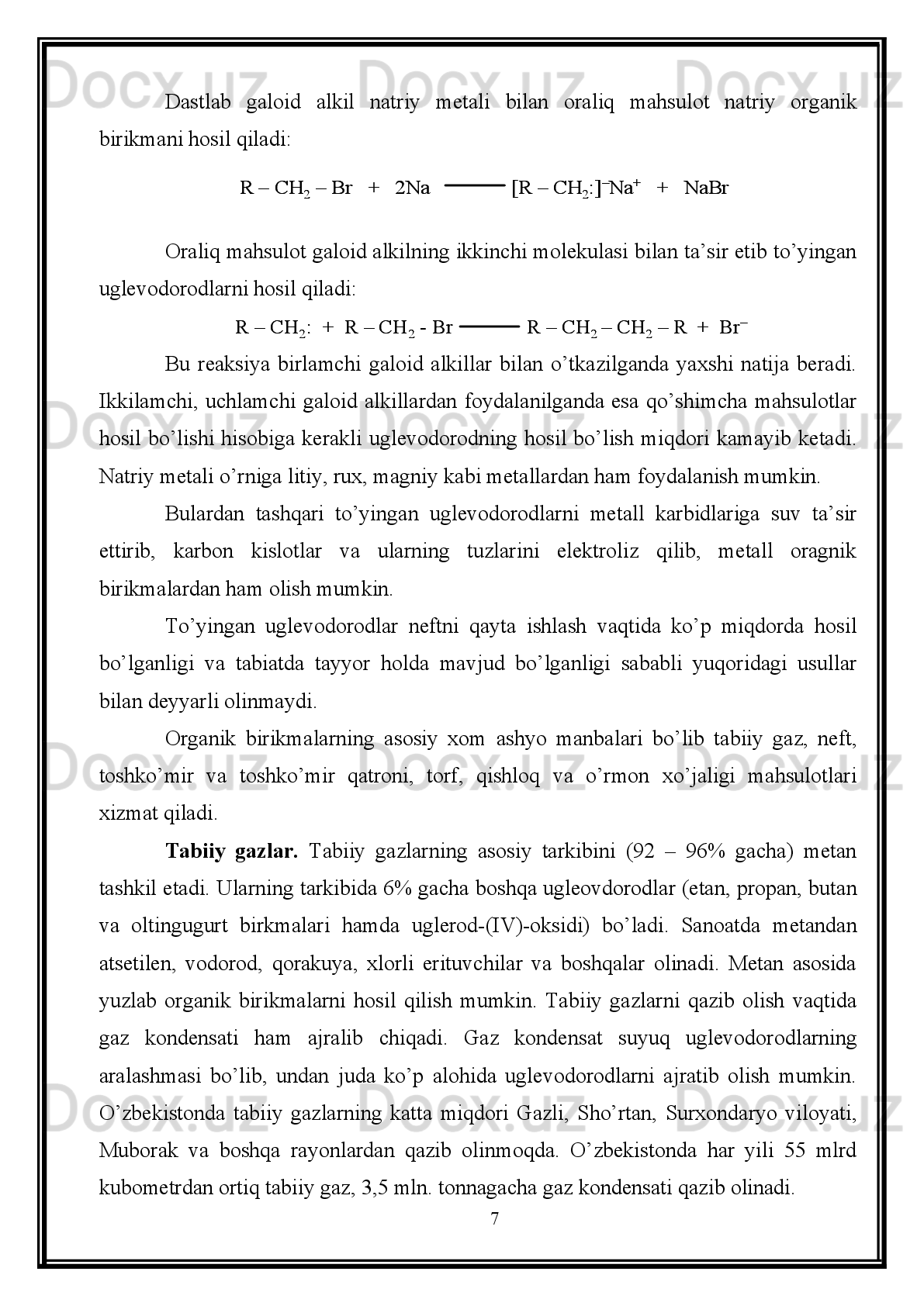 Xulosa
Hozirgi     kunga   yurtimiz     dunyoning     istalgan     mamlakati   bilan     ishlab
chiqarish   sohasida   hamkorlik   qila   oladi   chunki   mamlakatimiz   sanoati   uchun
muhim     bo’lgan     mahsulotlarni     ishlab     chiqarilishda     mahalliy     imkoniyatlardan
foydalanilib ularning  turi  sifati  va  turli atoqli  xususiyatlarga  boy  mahsulotlarni
ishlab  chiqarishga  keng  imkoniyatlar  ochib  berilmoqda. 
O’zbekistonda tabiiy gazdan yoqilg’i o’rnida ham, xomashyo o’rnida ham
foydalanish   samaralidir.   Tabiiy   gazdan   kimyoviy   tola   ishlab   chiqarish,   Rossiya
Federatsiyasidan 40-50 foiz arzonga tushadi. Gazli, Muborak, Uchqir, Odamtosh,
Sho’rtan   kabi   tabir   gaz   konlaridan   olinayotgan   gaz   yuqori   kondensatligi   bilan
ajralib turadi. Gaz kondensati organik sintezning asosidir. Uning har tonnasidan 50
kg   sun’iy   kauchuk,   150   kg   plastik   massa,   150   kg   sun’iy   tola,   100   kg   erituvchi
modda, 400 kg motor yoqilg’isi olish mumkin.
O’zbekiston   neftgaz   sanoati   ayni   kunda   mamlakat   iqtisodiyotining   eng
yirik tarmog’i hisoblanadi va energitikaning muhim asosini tashkil etadi. 
1- Prezident   I.A.Karimov   respublikamiz   neftgaz   sanoatining   keyingi
yillarda   barqaror   rivojlanganligini,   mustaqillikka   erishish   yo’lida   salmoqli   ishlar
qilinganligini ta’kidlab, yoq’ilg’i –energetika kompleksini bundan buyon ham jadal
rivojlantirish   siyosatimizning   ustivor   vazifasi   bo’lib   qolishiga   katta   e’tibor   berib
kelmoqda. 
Shuning   uchun   arzon   sanoat   xom   ashyolari   asosida   yangi   ekologik   toza
oktan sonini oshiruvchi qo’shimchalar yaratish va tajriba-sanoati miqdorida ishlab
chiqarish eng dolzarb muammolardan biri hisoblanadi.
O’zbekistonda “Sho’rtanneftgaz” va Shurtan gaz kimyo majmuasida tabiiy
gazni   qayta   ishlash   jarayonida   qo’shimcha   mahsulot   sifatida   yiliga   100   ming
tonnadan   ortiq   quyidagi   tarkibli   propan-butan   fraksiyasi   hosil   bo’ladi,   mass   %;
etan-5,5;   propan-40,1;   izobutan-22,15;   n-butan-28,58;   pentanlar-2,12;   azot-0,13;
uglerod dioksid 0,42.Propan –butan fraksiyasi metall-o’lchamli butil efiri (MTBE)
olish va undan oktan sonini oshiruvchi qo’shimcha sifatida foydalabnish mumkin.
35 