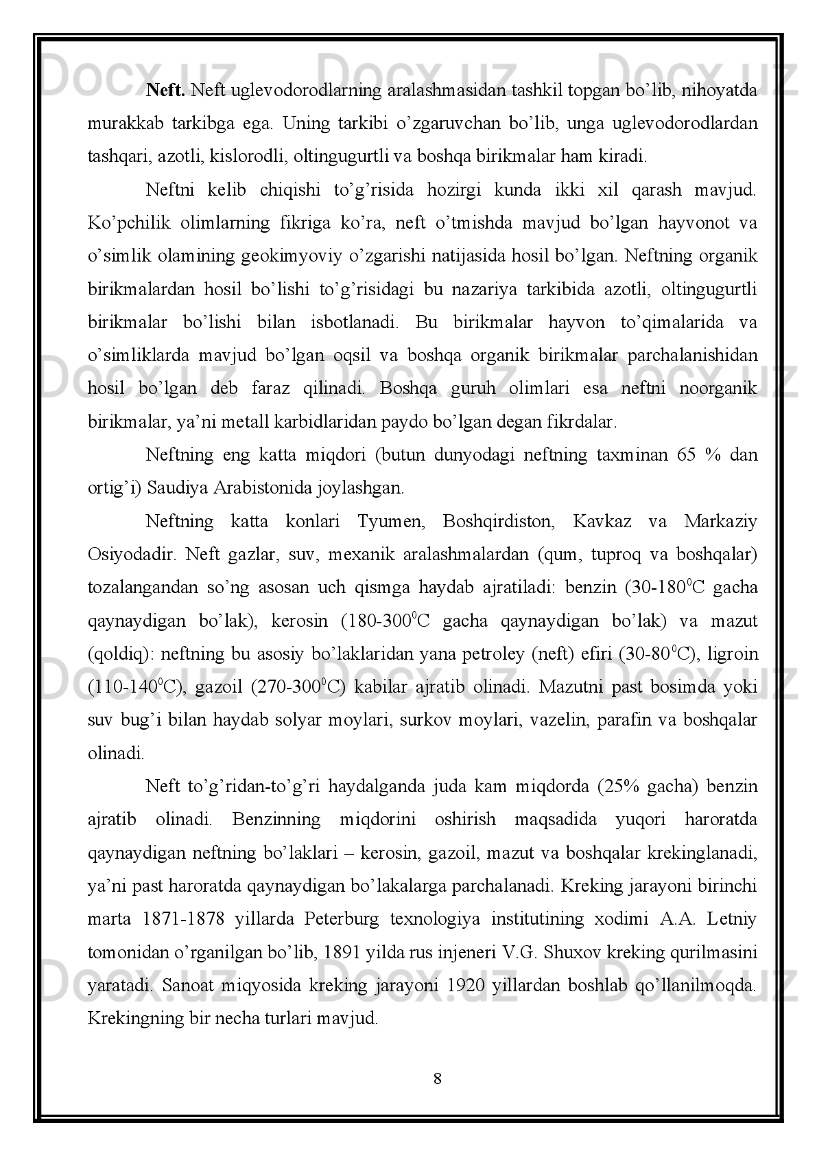 Propan-butan   aralashmasi   asosida   MTBE   olish   uchun   uch   bosqichda
amalga oshiriladi. 1.Izobutanni ajratib olish       
2.Izobutanni izobitelinga degidridlash
3.Izobutendan MTBE olish
Hozirgi   kunda  atrof-muhitni   himoya  qilish  bo’yicha  Respublikada   amalga
oshirilayotgan   tashkiliy   va   amaliy   tadbirlar   natijasida   atmosferaga   chiqarilib
yoborilayotgan   zararli   moddalar   miqdori   2004   yilga   nisbatan   130.442   tonnaga
ya’ni   16,7%   ga   kamaydi.   Bu   ijobiy   o’zgarishga   neftgaz   sohasi   o’zining   salmoqli
hissasini   qo’shdi.   Ushbu   sohada   atmosferaga   chiqarilib   yuborilayotgan   zararli
moddalar   bu   davr   mobaynida   72,743   tonnaga   ya’ni   28%   ga   kamaydi.   Amalga
oshirilayotgan   tadbirlar   ichida   Kokdumaloq   neftgaz   kondensat   konida
ma’shalalarda   yoqib   yuborilayotgan   yo’ldosh   neft   gazni   yig’ish   va   samarali
foydalanishni  ta’kidlash mumkin. 
Neft va neftgaz konlarida yo’ldosh neft gazidan samarali foydalanmasdan,
ularni mash’alalarda yoqib yuborilishini asosiy sabablari quyidagilardan iborat:
 neft olish quduqlarini katta maydon bo’ylab joylashganligi
 Energiya quvvatini yetishmasligi yoki umuman yo’qligi
 yo’ldosh neft gazi hajmini ozligi
 gazni uzatish quvurlari sistemasidan uzoqligi
 gazni   uzatish   quvurlari   sistemasiga   bosimi   pastligi   tufayli   ulanish
imkoniyati yo’qligi
 yo’ldosh neft gazi tarkibida oltingugurt birikmalari borligi
36