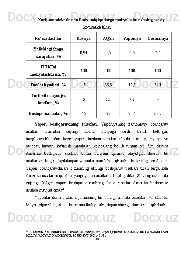 Xorij mamlakatlarida ilmiy tadqiqotlarga moliyalashtirishning asosiy
ko‘rsatkichlari
Ko‘rsatkichlar Rossiya AQSh Yaponiya Germaniya
YaIMdagi ilmga
xarajatlar, % 0,94 2,5 2,6 2,4
ITTKIni
moliyalashtirish, % 100 100 100 100
Davlat byudjeti, % 48 35,8 19,5 34,1
Turli xil nobyudjet
fondlari, % 6 5,1 7,1 -
Boshqa manbalar, % 46 59 73,4 65,9
Yapon   boshqaruvining   falsafasi .   Yaponiyaning   zamonaviy   boshqaruv
usullari   urushdan   keyingi   davrda   dunyoga   keldi .   Urush   keltirgan
buzg ‘ unchiliklardan   keyin   yapon   boshqaruvchilari   oldida   ijtimoiy ,   siyosat   va
raqobat ,   hayotni   ko ' tarish   masalalari   ko ' ndalang   bo ‘ lib   turgan   edi .   Shu   davrda
Amerika   boshqaruv   usullari   butun   dunyoni   qamrab   olayotgan   davrda ,   bu
usullardan   to ‘ g ‘ ri   foydalangan   yaponlar   mamlakat   iqtisodini   ko ' tarishga   erishdilar .
Yapon   boshqaruvchilari   o‘zlarining   oldingi   boshqaruv   usullari   bilan   birgalikda
Amerika usullarini qo‘shib, yangi yapon usullarini hosil qildilar. Shuning oqibatida
vujudga   kelgan   yapon   boshqaruv   usulidagi   ba’zi   jihatlar   Amerika   boshqaruv
usulida mavjud emas 11
.
Yaponlar   doim   o‘zlarini   jamoaning   bir   bo'lagi   sifatida   biladilar.   Va   ular,   E.
Mayo aytganidek, ish — bu jamoa faoliyatidir, degan shiorga doim amal qilishadi. 
11
  R.I.Gimush, F.M.Matmurodov, “Innovatsion Menejment”, O’quv qo’llanma, O’ZBEKISTON FAYLASUFLARI
MILLIY JAMIYATI NASHRIYOTI, TOSHKENT-2008, 42-51 b
18 