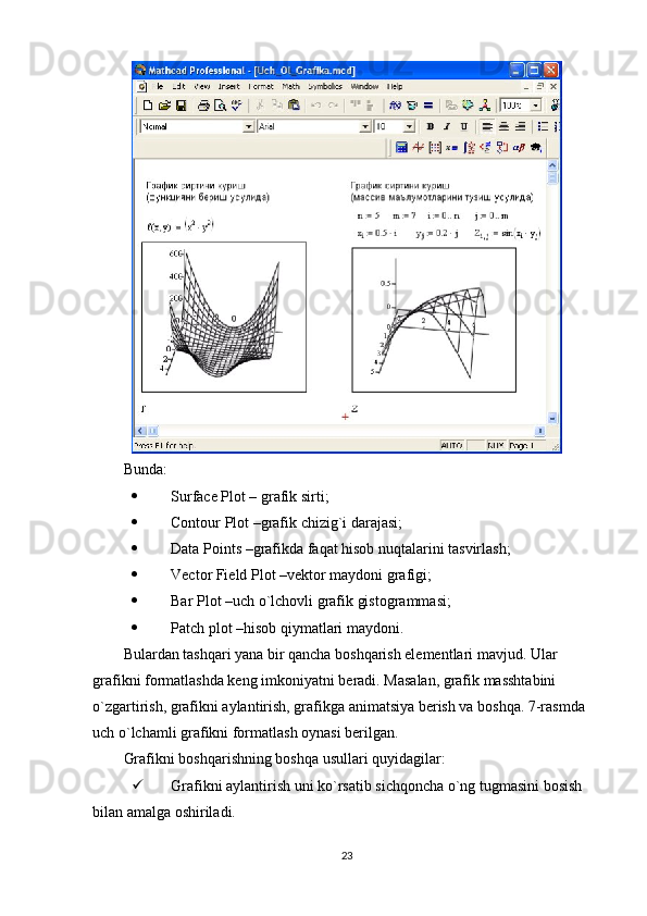 Bunda: 
 Surface Plot – grafik sirti; 
 Contour Plot –grafik chizig`i darajasi; 
 Data Points –grafikda faqat hisob nuqtalarini tasvirlash; 
 Vector Field Plot –vеktor maydoni grafigi; 
 Bar Plot –uch o`lchovli grafik gistogrammasi; 
 Patch plot –hisob qiymatlari maydoni. 
Bulardan tashqari yana bir qancha boshqarish elеmеntlari mavjud. Ular 
grafikni formatlashda kеng imkoniyatni bеradi. Masalan, grafik masshtabini 
o`zgartirish, grafikni aylantirish, grafikga animatsiya bеrish va boshqa. 7-rasmda 
uch o`lchamli grafikni formatlash oynasi bеrilgan. 
Grafikni boshqarishning boshqa usullari quyidagilar: 
 Grafikni aylantirish uni ko`rsatib sichqoncha o`ng tugmasini bosish 
bilan amalga oshiriladi. 
23 