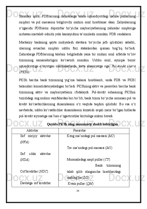 Shunday   qilib,   PDBlarining   zahiralarga   talabi   iqtisodiyotdagi   zahira   pullarining
miqdori   va   pul   massasini   belgilovchi   muhim   omil   hisoblanar   ekan.   Zahiralarning
o‘zgarishi   PDBlarini   depozitlar   bo‘yicha   majburiyatlarining   zahiralar   miqdoriga
nisbatan martalab oshishi yoki kamayishini ta’minlashi mumkin. PDB ssudalarni 
Markaziy   bankning   qayta   moliyalash   stavkasi   bo‘yicha   jalb   qilishilari   sababli,
ularning   avuarlari   miqdori   ushbu   foiz   stakalaridan   qisman   bog‘liq   bo‘ladi.
Zahiralarga   PDBlarining   talabini   belgilashda   yana   bir   muhim   omil   sifatida   to‘lov
tizimining   samaradorligini   ko‘rsatish   mumkin.   Ushbu   omil,   ayniqsa   bozor
iqtisodiyotiga   o‘tayotgan   mamlakatlarda,   katta   ahamiyatga   ega.   Pul-kredit   shar х i
(PKSh).  
PKSh   barcha   bank   tizimining   yig‘ma   balansi   hisoblanib,   unda   PDB   va   PKBI
balanslari konsolidatsiyalashgan bo‘ladi. PKShning aktiv va passivlari barcha bank
tizimining   aktiv   va   majburiyatlarini   ifodalaydi.   Pul-kredit   sohasining   PKShni
tuzishdagi eng muhim vazifalardan biri bo‘lib, bank tizimi bo‘yicha umuman pul va
kredit   ko‘rsatkichlarining   dinamikasini   o‘z   vaqtida   taqdim   qilishdir.   Bu   esa   o‘z
navbatida, ushbu ko‘rsatkichlar dinamikasini kuzatish orqali zarur bo‘lgan hollarda
pul-kredit siyosatiga ma’lum o‘zgartirishlar kiritishga imkon beradi. 
Quyida PKSh ning namunaviy shakli keltirilgan  
Aktivlar Passivlar
Sof   хorijiy   aktivlar
( NFA )
Sof   ichki   aktivlar
( NDA )
Cof kreditlar ( NDC )
Davlatga sof kreditlar Keng ma’nodagi pul massasi ( M2 )
Tor ma’nodagi pul massasi ( M1 )
Muomaladagi naqd pullar ( CY )
  Bank   tizimining
talab   qilib   olinguncha   hisoblaridagi
mablag‘lar( DD )
  Kvazi pullar ( QM )
24