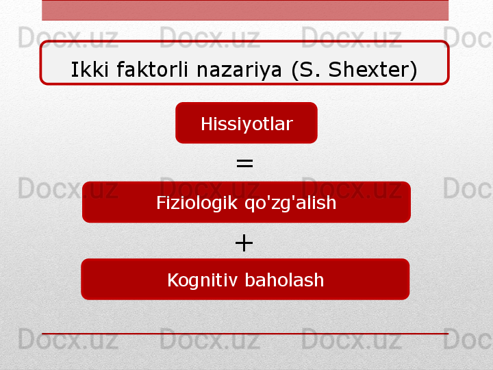 Ikki faktorli nazariya (S. Shexter)
Hissiyotlar
=
Fiziologik qo'zg'alish
+
Kognitiv baholash 