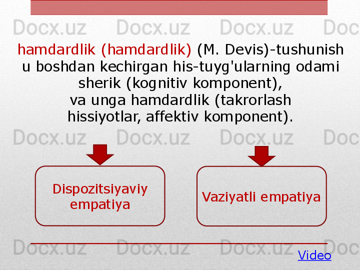 hamdardlik ( hamdardlik )   (M. Devis) - tushunish
u boshdan kechirgan his-tuyg'ularning odami
sherik (kognitiv komponent),
va unga hamdardlik (takrorlash
hissiyotlar, affektiv komponent).
Dispozitsiyaviy 
empatiya Vaziyatli empatiya
Video 