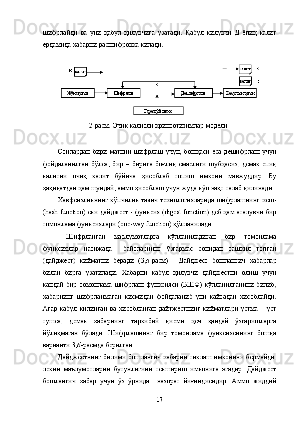шифрлайди   ва   уни   қабул   қилувчига   узатади.   Қабул   қилувчи   Д   ёпиқ   калит
ёрдамида хабарни расшифровка қилади.
Сонлардан бири  матнни шифрлаш учун, бошқаси еса  дешифрлаш учун
фойдаланилган   бўлса,   бир   –   бирига   боғлиқ   емаслиги   шубҳасиз,   демак   ёпиқ
калитни   очиқ   калит   бўйича   ҳисоблаб   топиш   имкони   мавжуддир.   Бу
ҳақиқатдан ҳам шундай, аммо ҳисоблаш учун жуда кўп вақт талаб қилинади. 
Хавфсизликнинг кўпчилик таянч технологияларида шифрлашнинг хеш-
(hash function) ёки дайджест - функсия (digest function) деб ҳам аталувчи бир
томонлама функсиялари (one-way function) қўлланилади.  
  Шифрланган   маълумотларга   қўлланиладиган   бир   томонлама
функсиялар   натижада     байтларнинг   ўзгармас   сонидан   ташкил   топган
(дайджест)   қийматни   беради   (3, а -расм).     Дайджест   бошланғич   хабарлар
билан   бирга   узатилади.   Хабарни   қабул   қилувчи   дайджестни   олиш   учун
қандай   бир   томонлама   шифрлаш   функсияси   (БШФ)   қўлланилганини   билиб,
хабарнинг   шифрланмаган   қисмидан   фойдаланиб   уни   қайтадан   ҳисоблайди.
Агар   қабул   қилинган   ва   ҳисобланган   дайтжестнинг   қийматлари   устма   –   уст
тушса,   демак   хабарнинг   таркибий   қисми   ҳеч   қандай   ўзгаришларга
йўлиқмаган   бўлади.   Шифрлашнинг   бир   томонлама   функсиясининг   бошқа
варианти 3, б -расмда берилган.  
Дайджестнинг билими бошланғич хабарни тиклаш имконини бермайди,
лекин   маълумотларни   бутунлигини   текшириш   имконига   эгадир.   Дайджест
бошланғич   хабар   учун   ўз   ўрнида     назорат   йиғиндисидир.   Аммо   жиддий Жўнатувчи Шифр лаш
Дешифр лаш Қабул қилувчикалит
Ғаразгўй шахс калит
калит
КЕ Е
D
2-расм .  Очиқ калитли криптотизимлар  модел и
17 