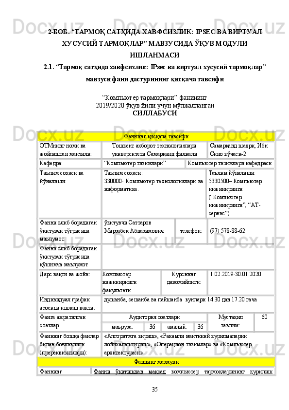 2-БОБ.   “ ТАРМОҚ САТҲИДА ХАВФСИЗЛИК: IPSEC ВА ВИРТУАЛ
ХУСУСИЙ ТАРМОҚЛАР”  МАВЗУСИДА ЎҚУВ МОДУЛИ
ИШЛАНМАСИ
2.1. “ Тармоқ сатҳида хавфсизлик: IPsec ва виртуал хусусий тармоқлар ”
мавзуси фани дастурининг қисқача тавсифи
“ Компьютер тармоқлари ”  фанининг 
20 19 /20 20  ўқув йили учун мўлжалланган
СИЛЛАБУСИ
Фаннинг қисқача тавсифи
ОТМнинг номи ва 
жойлашган манзили: Тошкент ахборот технологиялари
университети Самарқанд филиали Самарқанд шаҳри, Ибн 
Сино кўчаси-2
Кафедра: “Компьютер тизимлари” Компьютер тизимлари кафедраси
Таълим соҳаси ва 
йўналиши: Таълим соҳаси: 
330000-   Компьютер технологиялари  ва
информатика. Таълим йўналиши:
5330500– Компьютер 
инжиниринги 
(“Компьютер 
инжиниринги”, “АТ-
сервис”)
Фанни олиб борадиган 
ўқитувчи тўғрисида 
маълумот:  ўқитувчи Саттаров 
Мирзабек Абдазимович  телефон : (97) 578-88-62
Фанни олиб борадиган 
ўқитувчи тўғрисида 
қўшимча маълумот .
Дарс вақти ва жойи: Компьютер 
инжиниринги 
факультети Курснинг
давомийлиги: 1.02.2019-30.01.2020
Индивидуал график 
асосида ишлаш вақти:  душанба, сешанба ва пайшанба  кунлари 14.30 дан 17.20 гача
Фанга ажратилган 
соатлар Аудитория соатлари Мустақил
таълим: 60
маъруза: 36 амалий: 36
Фаннинг бошқа фанлар
билан боғлиқлиги 
(пререквизитлари): «Алгоритмга кириш», «Ракамли мантикий курилмаларни 
лойихалаштириш», «Операцион тизимлар» ва «Компьютер 
архитектураси»
Фаннинг мазмуни
Фаннинг  Фанни   ўқитишдан   мақсад   компьютер   тармоқларининг   қурилиш
35 