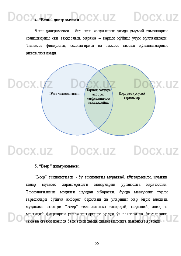 4. “Венн” диаграммаси. 
Венн   диаграммаси   –   бир   неча   жиҳатларни   ҳамда   умумий   томонларни
солиштириш   ёки   таққослаш,   қарама   –   қарши   қўйиш   учун   қўлланилади.
Тизимли   фикирлаш,   солиштириш   ва   таҳлил   қилиш   кўникмаларини
ривожлантиради.
5. “Веер” диаграммаси.
“Веер”   технологияси   -   бу   технология   мураккаб,   кўптармоқли,   мумкин
қадар   муаммо   характеридаги   мавзуларни   ўрганишга   қаратилган.
Технологиянинг   моҳияти   шундан   иборатки,   бунда   мавзунинг   турли
тармоқлари   бўйича   ахборот   берилади   ва   уларнинг   ҳар   бири   алоҳида
муҳокама   этилади.   “Веер”   технологияси   танқидий,   таҳлилий,   аниқ   ва
мантиқий   фикрларни   ривожлантиришга   ҳамда   ўз   ғоялари   ва   фикрларини
ёзма ва оғзаки шаклда баён этиш ҳамда ҳимоя қилишга имконият яратади.
56 Виртуал хусусий 
тармо қ ларIPsec  технологияси Тармоқ сатҳида 
ахборот 
хавфсизлигини 
таҳминлайди   