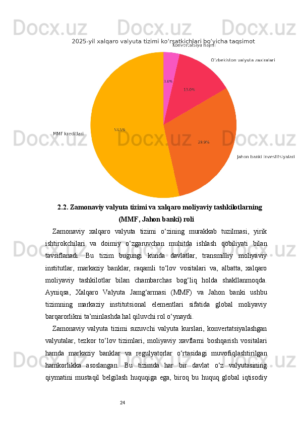 242.2. Zamonaviy valyuta tizimi va xalqaro moliyaviy tashkilotlarning
(MMF, Jahon banki) roli
Zamonaviy   xalqaro   valyuta   tizimi   o‘zining   murakkab   tuzilmasi,   yirik
ishtirokchilari   va   doimiy   o‘zgaruvchan   muhitda   ishlash   qobiliyati   bilan
tavsiflanadi.   Bu   tizim   bugungi   kunda   davlatlar,   transmilliy   moliyaviy
institutlar,   markaziy   banklar,   raqamli   to‘lov   vositalari   va,   albatta,   xalqaro
moliyaviy   tashkilotlar   bilan   chambarchas   bog‘liq   holda   shakllanmoqda.
Ayniqsa,   Xalqaro   Valyuta   Jamg‘armasi   (MMF)   va   Jahon   banki   ushbu
tizimning   markaziy   institutsional   elementlari   sifatida   global   moliyaviy
barqarorlikni ta’minlashda hal qiluvchi rol o‘ynaydi.
Zamonaviy   valyuta   tizimi   suzuvchi   valyuta   kurslari,   konvertatsiyalashgan
valyutalar,   tezkor   to‘lov   tizimlari,   moliyaviy   xavflarni   boshqarish   vositalari
hamda   markaziy   banklar   va   regulyatorlar   o‘rtasidagi   muvofiqlashtirilgan
hamkorlikka   asoslangan.   Bu   tizimda   har   bir   davlat   o‘z   valyutasining
qiymatini   mustaqil   belgilash   huquqiga   ega,   biroq   bu   huquq   global   iqtisodiy 