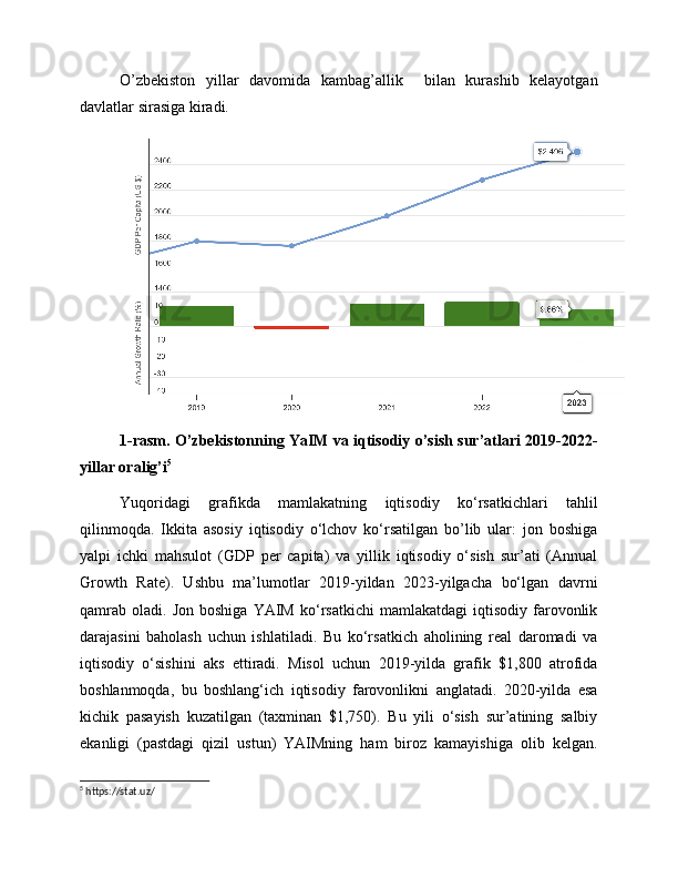 O’zbekiston   yillar   davomida   kambag’allik     bilan   kurashib   kelayotgan
davlatlar sirasiga kiradi. 
1-rasm. O’zbekistonning YaIM va iqtisodiy o’sish sur’atlari 2019-2022-
yillar oralig’i 5
Yuqoridagi   grafikda   mamlakatning   iqtisodiy   ko‘rsatkichlari   tahlil
qilinmoqda.   Ikkita   asosiy   iqtisodiy   o‘lchov   ko‘rsatilgan   bo’lib   ular:   jon   boshiga
yalpi   ichki   mahsulot   (GDP   per   capita)   va   yillik   iqtisodiy   o‘sish   sur’ati   (Annual
Growth   Rate).   Ushbu   ma’lumotlar   2019-yildan   2023-yilgacha   bo‘lgan   davrni
qamrab   oladi.   Jon   boshiga   YAIM   ko‘rsatkichi   mamlakatdagi   iqtisodiy   farovonlik
darajasini   baholash   uchun   ishlatiladi.   Bu   ko‘rsatkich   aholining   real   daromadi   va
iqtisodiy   o‘sishini   aks   ettiradi.   Misol   uchun   2019-yilda   grafik   $1,800   atrofida
boshlanmoqda,   bu   boshlang‘ich   iqtisodiy   farovonlikni   anglatadi.   2020-yilda   esa
kichik   pasayish   kuzatilgan   (taxminan   $1,750).   Bu   yili   o‘sish   sur’atining   salbiy
ekanligi   (pastdagi   qizil   ustun)   YAIMning   ham   biroz   kamayishiga   olib   kelgan.
5
 https://stat.uz/ 