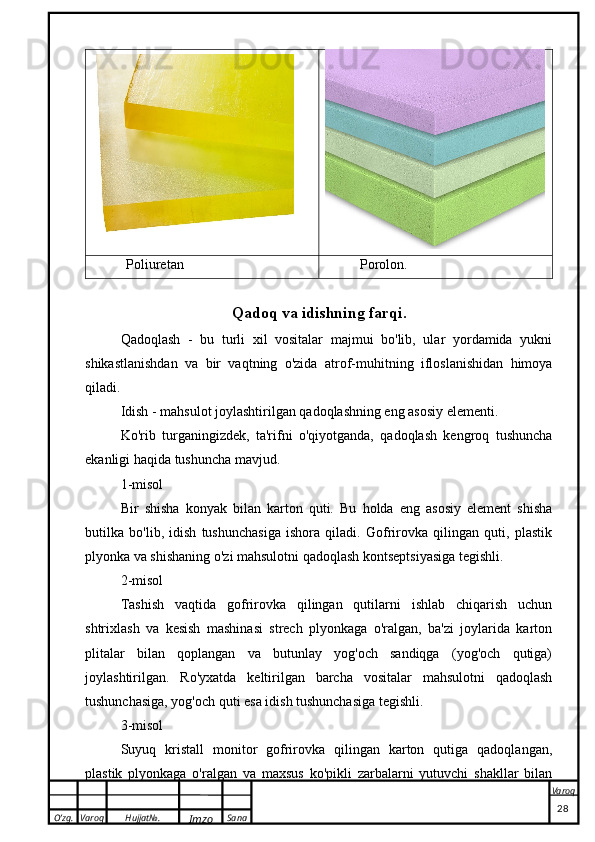 O’zg. Varoq Hujjat№.
Imzo Sana Varoq
 Poliuretan Porolon.
Qadoq va idishning farqi.
Qadoqlash   -   bu   turli   xil   vositalar   majmui   bo'lib,   ular   yordamida   yukni
shikastlanishdan   va   bir   vaqtning   o'zida   atrof-muhitning   ifloslanishidan   himoya
qiladi.
Idish - mahsulot joylashtirilgan qadoqlashning eng asosiy elementi.
Ko'rib   turganingizdek,   ta'rifni   o'qiyotganda,   qadoqlash   kengroq   tushuncha
ekanligi haqida tushuncha mavjud.
1-misol
Bir   shisha   konyak   bilan   karton   quti.   Bu   holda   eng   asosiy   element   shisha
butilka   bo'lib,   idish   tushunchasiga   ishora   qiladi.   Gofrirovka   qilingan   quti,   plastik
plyonka va shishaning o'zi mahsulotni qadoqlash kontseptsiyasiga tegishli.
2-misol
Tashish   vaqtida   gofrirovka   qilingan   qutilarni   ishlab   chiqarish   uchun
shtrixlash   va   kesish   mashinasi   strech   plyonkaga   o'ralgan,   ba'zi   joylarida   karton
plitalar   bilan   qoplangan   va   butunlay   yog'och   sandiqga   (yog'och   qutiga)
joylashtirilgan.   Ro'yxatda   keltirilgan   barcha   vositalar   mahsulotni   qadoqlash
tushunchasiga, yog'och quti esa idish tushunchasiga tegishli.
3-misol
Suyuq   kristall   monitor   gofrirovka   qilingan   karton   qutiga   qadoqlangan,
plastik   plyonkaga   o'ralgan   va   maxsus   ko'pikli   zarbalarni   yutuvchi   shakllar   bilan
                                                                                                                                                                                          28 