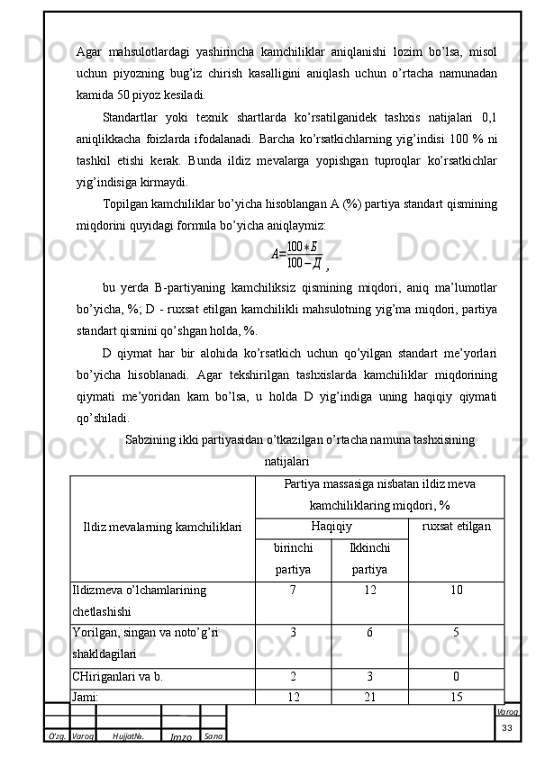 O’zg. Varoq Hujjat№.
Imzo Sana Varoq
 Agar   mahsulotlardagi   yashirincha   kamchiliklar   aniqlanishi   lozim   bo’lsa,   misol
uchun   piyozning   bug’iz   chirish   kasalligini   aniqlash   uchun   o’rtacha   namunadan
kamida 50 piyoz kesiladi.
Standartlar   yoki   texnik   shartlarda   ko’rsatilganidek   tashxis   natijalari   0,1
aniqlikkacha   foizlarda   ifodalanadi.   Barcha   ko’rsatkichlarning   yig’indisi   100   %   ni
tashkil   etishi   kerak.   Bunda   ildiz   mevalarga   yopishgan   tuproqlar   ko’rsatkichlar
yig’indisiga kirmaydi.
Topilgan kamchiliklar bo’yicha hisoblangan A (%) partiya standart qismining
miqdorini quyidagi formula bo’yicha aniqlaymiz: А=100	∗Б	
100	−	Д
,
bu   yerda   B-partiyaning   kamchiliksiz   qismining   miqdori,   aniq   ma’lumotlar
bo’yicha, %;   D - ruxsat etilgan kamchilikli mahsulotning yig’ma miqdori, partiya
standart qismini qo’shgan holda, %.
D   qiymat   har   bir   alohida   ko’rsatkich   uchun   qo’yilgan   standart   me’yorlari
bo’yicha   hisoblanadi.   Agar   tekshirilgan   tashxislarda   kamchiliklar   miqdorining
qiymati   me’yoridan   kam   bo’lsa,   u   holda   D   yig’indiga   uning   haqiqiy   qiymati
qo’shiladi.
Sabzining ikki partiyasidan o’tkazilgan o’rtacha namuna tashxisining
natijalari
Ildiz mevalarning kamchiliklari Partiya massasiga nisbatan ildiz meva
kamchiliklaring miqdori, %
Haqiqiy ruxsat etilgan
birinchi
partiya Ikkinchi
partiya
Ildizmeva o’lchamlarining 
chetlashishi 7 12 10
Yorilgan, singan va noto’g’ri 
shakldagilari  3 6 5
CHiriganlari va b. 2 3 0
Jami: 12 21 15
                                                                                                                                                                                          33 