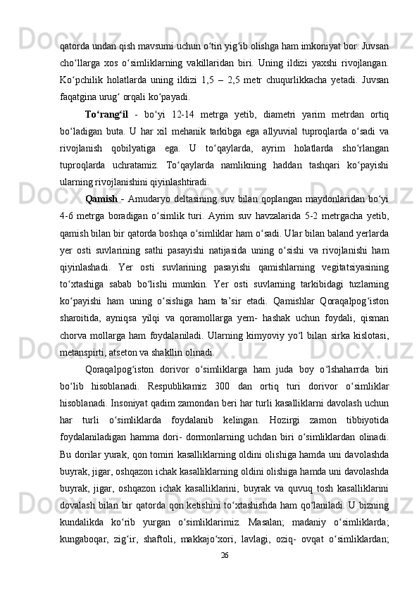 qatorda undan qish mavsumi uchun o tin yig ib olishga ham imkoniyat bor. Juvsanʻ ʻ
cho llarga   xos   o simliklarning   vakillaridan   biri.   Uning   ildizi   yaxshi   rivojlangan.	
ʻ ʻ
Ko pchilik   holatlarda   uning   ildizi   1,5   –   2,5   metr   chuqurlikkacha   yetadi.   Juvsan
ʻ
faqatgina urug  orqali ko payadi. 	
ʻ ʻ
To rang il  	
ʻ ʻ -   bo yi   12-14   metrga   yetib,   diametri   yarim   metrdan   ortiq	ʻ
bo ladigan   buta.   U   har   xil   mehanik   tarkibga   ega   allyuvial   tuproqlarda   o sadi   va	
ʻ ʻ
rivojlanish   qobilyatiga   ega.   U   to qaylarda,   ayrim   holatlarda   sho rlangan	
ʻ ʻ
tuproqlarda   uchratamiz.   To qaylarda   namlikning   haddan   tashqari   ko payishi	
ʻ ʻ
ularning rivojlanishini qiyinlashtiradi. 
Qamish   -   Amudaryo  deltasining  suv   bilan   qoplangan   maydonlaridan   bo yi	
ʻ
4-6   metrga   boradigan   o simlik   turi.   Ayrim   suv   havzalarida   5-2   metrgacha   yetib,	
ʻ
qamish bilan bir qatorda boshqa o simliklar ham o sadi. Ular bilan baland yerlarda	
ʻ ʻ
yer   osti   suvlarining   sathi   pasayishi   natijasida   uning   o sishi   va   rivojlanishi   ham	
ʻ
qiyinlashadi.   Yer   osti   suvlarining   pasayishi   qamishlarning   vegitatsiyasining
to xtashiga   sabab   bo lishi   mumkin.   Yer   osti   suvlarning   tarkibidagi   tuzlarning	
ʻ ʻ
ko payishi   ham   uning   o sishiga   ham   ta’sir   etadi.   Qamishlar   Qoraqalpog iston
ʻ ʻ ʻ
sharoitida,   ayniqsa   yilqi   va   qoramollarga   yem-   hashak   uchun   foydali,   qisman
chorva   mollarga   ham   foydalaniladi.   Ularning   kimyoviy   yo l   bilan   sirka   kislotasi,	
ʻ
metanspirti, atseton va shakllin olinadi. 
Qoraqalpog iston   dorivor   o simliklarga   ham   juda   boy   o lshaharrda   biri	
ʻ ʻ ʻ
bo lib   hisoblanadi.   Respublikamiz   300   dan   ortiq   turi   dorivor   o simliklar	
ʻ ʻ
hisoblanadi. Insoniyat qadim zamondan beri har turli kasalliklarni davolash uchun
har   turli   o simliklarda   foydalanib   kelingan.   Hozirgi   zamon   tibbiyotida	
ʻ
foydalaniladigan   hamma   dori-   dormonlarning   uchdan   biri   o simliklardan   olinadi.	
ʻ
Bu dorilar yurak, qon tomiri kasalliklarning oldini olishiga hamda uni davolashda
buyrak, jigar, oshqazon ichak kasalliklarning oldini olishiga hamda uni davolashda
buyrak,   jigar,   oshqazon   ichak   kasalliklarini,   buyrak   va   quvuq   tosh   kasalliklarini
dovalash bilan bir  qatorda qon ketishini  to xtashishda ham qo laniladi. U bizning	
ʻ ʻ
kundalikda   ko rib   yurgan   o simliklarimiz.   Masalan;   madaniy   o simliklarda;	
ʻ ʻ ʻ
kungaboqar,   zig ir,   shaftoli,   makkajo xori,   lavlagi,   oziq-   ovqat   o simliklardan;
ʻ ʻ ʻ
26