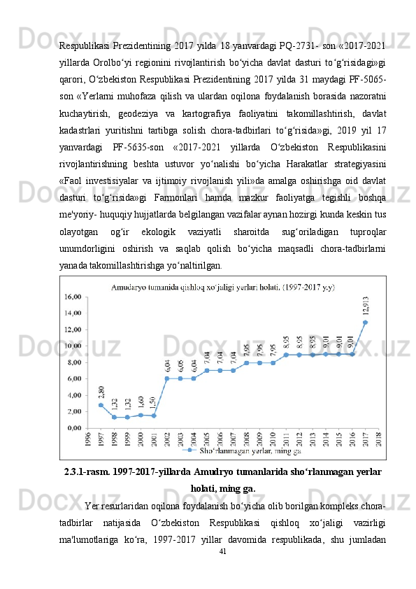Respublikasi  Prezidentining 2017 yilda 18 yanvardagi  PQ-2731-  son «2017-2021
yillarda   Orolbo yi   regionini   rivojlantirish   bo yicha   davlat   dasturi   to g risidagi»giʻ ʻ ʻ ʻ
qarori, O zbekiston Respublikasi  Prezidentining 2017 yilda 31 maydagi PF-5065-	
ʻ
son   «Yerlarni   muhofaza   qilish   va   ulardan   oqilona   foydalanish   borasida   nazoratni
kuchaytirish,   geodeziya   va   kartografiya   faoliyatini   takomillashtirish,   davlat
kadastrlari   yuritishni   tartibga   solish   chora-tadbirlari   to g risida»gi,	
ʻ ʻ   2019   yil   17
yanvardagi   PF-5635-son   «2017-2021   yillarda   O zbekiston   Respublikasini
ʻ
rivojlantirishning   beshta   ustuvor   yo nalishi   bo yicha   Harakatlar   strategiyasini	
ʻ ʻ
«Faol   investisiyalar   va   ijtimoiy   rivojlanish   yili»da   amalga   oshirishga   oid   davlat
dasturi   to g risida»gi   Farmonlari   hamda   mazkur   faoliyatga   tegishli   boshqa	
ʻ ʻ
me'yoriy- huquqiy hujjatlarda belgilangan vazifalar aynan hozirgi kunda keskin tus
olayotgan   og ir   ekologik   vaziyatli   sharoitda   sug oriladigan   tuproqlar	
ʻ ʻ
unumdorligini   oshirish   va   saqlab   qolish   bo yicha   maqsadli   chora-tadbirlarni	
ʻ
yanada takomillashtirishga yo naltirilgan.	
ʻ
2.3.1-rasm.  1997-2017-yillarda Amudryo tumanlarida sho rlanmagan 	
ʻ y erlar
holati, ming ga.
Yer resurlaridan oqilona foydalanish bo yicha olib borilgan kompleks chora-	
ʻ
tadbirlar   natijasida   O zbekiston   Respublikasi   qishloq   xo jaligi   vazirligi	
ʻ ʻ
ma'lumotlariga   ko ra,   1997-2017   yillar   davomida   respublikada,   shu   jumladan	
ʻ
41