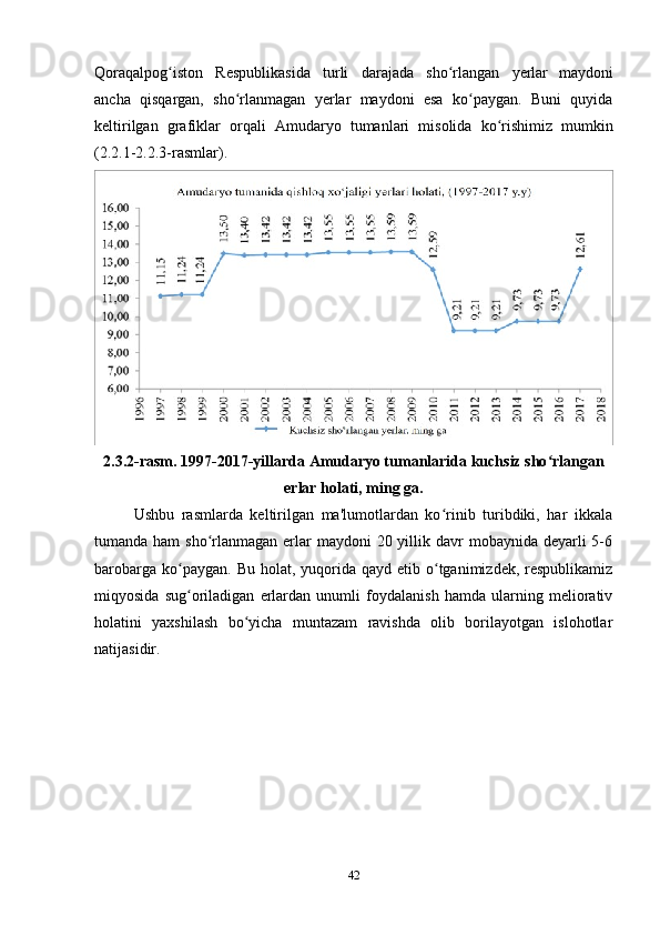Qoraqalpog istonʻ   Respublikasida   turli   darajada   sho rlangan	ʻ   yerlar   maydoni
ancha   qisqargan,   sho rlanmagan   yerlar   maydoni   esa   ko paygan.   Buni   quyida	
ʻ ʻ
keltirilgan   grafiklar   orqali   Amudaryo   tumanlari   misolida   ko rishimiz   mumkin	
ʻ
(2.2.1-2.2.3-rasmlar).
2.3.2-rasm.  1997-2017-yillarda Amudaryo tumanlarida kuchsiz sho rlangan	
ʻ
erlar holati, ming ga.
Ushbu   rasmlarda   keltirilgan   ma'lumotlardan   ko rinib   turibdiki,   har   ikkala	
ʻ
tumanda ham  sho rlanmagan erlar  maydoni  20 yillik davr  mobaynida deyarli  5-6	
ʻ
barobarga  ko paygan. Bu  holat,  yuqorida  qayd  etib o tganimizdek, respublikamiz	
ʻ ʻ
miqyosida   sug oriladigan   erlardan   unumli   foydalanish   hamda   ularning   meliorativ
ʻ
holatini   yaxshilash   bo yicha   muntazam   ravishda   olib   borilayotgan   islohotlar	
ʻ
natijasidir.
42