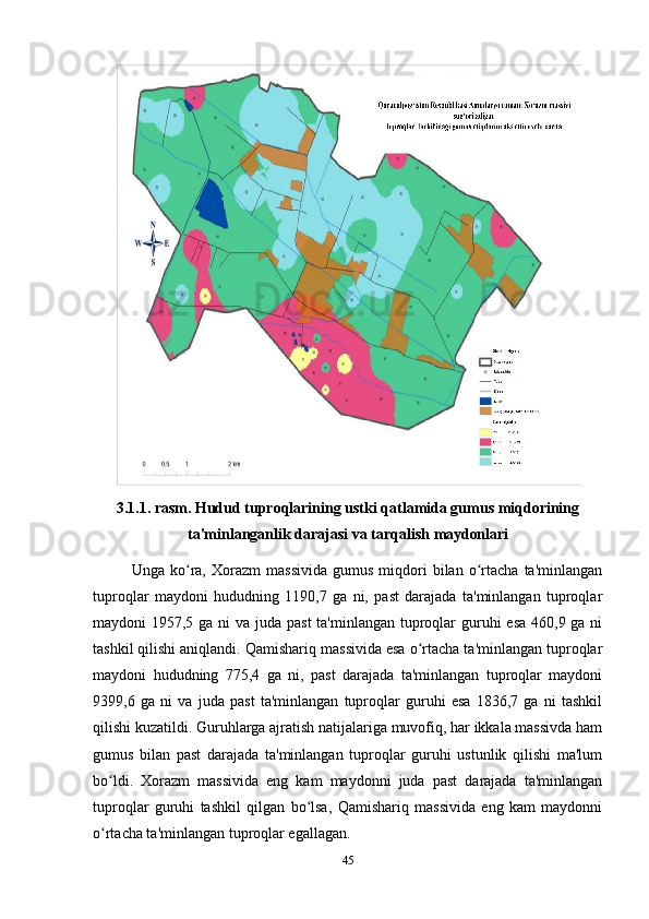 3.1.1. rasm.  Hudud tuproqlarining ustki qatlamida gumus miqdorining
ta'minlanganlik   darajasi   va   tarqalish   maydonlari
Unga   ko ra,  Xorazm   massivida   gumus   miqdori   bilan   o rtacha   ta'minlanganʻ ʻ
tuproqlar   maydoni   hududning   1190,7   ga   ni,   past   darajada   ta'minlangan   tuproqlar
maydoni 1957,5 ga ni  va juda past  ta'minlangan tuproqlar  guruhi  esa 460,9 ga ni
tashkil qilishi aniqlandi. Qamishariq massivida esa o rtacha ta'minlangan tuproqlar	
ʻ
maydoni   hududning   775,4   ga   ni,   past   darajada   ta'minlangan   tuproqlar   maydoni
9399,6   ga   ni   va   juda   past   ta'minlangan   tuproqlar   guruhi   esa   1836,7   ga   ni   tashkil
qilishi kuzatildi. Guruhlarga ajratish natijalariga muvofiq, har ikkala massivda ham
gumus   bilan   past   darajada   ta'minlangan   tuproqlar   guruhi   ustunlik   qilishi   ma'lum
bo ldi.   Xorazm   massivida   eng   kam   maydonni   juda   past   darajada   ta'minlangan	
ʻ
tuproqlar   guruhi   tashkil   qilgan   bo lsa,   Qamishariq   massivida   eng   kam   maydonni	
ʻ
o rtacha ta'minlangan tuproqlar egallagan.	
ʻ
45 