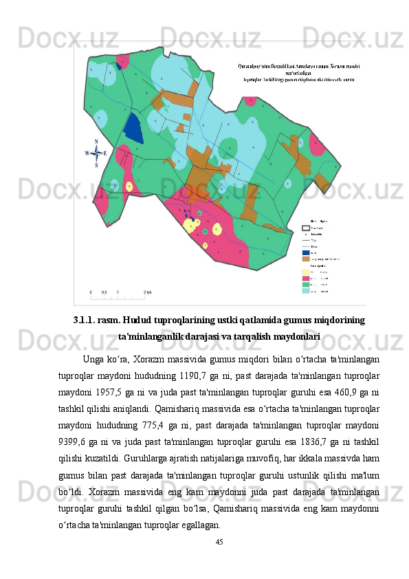 3.1.1. rasm.  Hudud tuproqlarining ustki qatlamida gumus miqdorining
ta'minlanganlik   darajasi   va   tarqalish   maydonlari
Unga   ko ra,  Xorazm   massivida   gumus   miqdori   bilan   o rtacha   ta'minlanganʻ ʻ
tuproqlar   maydoni   hududning   1190,7   ga   ni,   past   darajada   ta'minlangan   tuproqlar
maydoni 1957,5 ga ni  va juda past  ta'minlangan tuproqlar  guruhi  esa 460,9 ga ni
tashkil qilishi aniqlandi. Qamishariq massivida esa o rtacha ta'minlangan tuproqlar	
ʻ
maydoni   hududning   775,4   ga   ni,   past   darajada   ta'minlangan   tuproqlar   maydoni
9399,6   ga   ni   va   juda   past   ta'minlangan   tuproqlar   guruhi   esa   1836,7   ga   ni   tashkil
qilishi kuzatildi. Guruhlarga ajratish natijalariga muvofiq, har ikkala massivda ham
gumus   bilan   past   darajada   ta'minlangan   tuproqlar   guruhi   ustunlik   qilishi   ma'lum
bo ldi.   Xorazm   massivida   eng   kam   maydonni   juda   past   darajada   ta'minlangan	
ʻ
tuproqlar   guruhi   tashkil   qilgan   bo lsa,   Qamishariq   massivida   eng   kam   maydonni	
ʻ
o rtacha ta'minlangan tuproqlar egallagan.	
ʻ
45