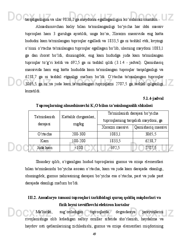 tarqalganligini va ular 9836,2 ga maydonni egallaganligini ko rishimiz mumkin.ʻ
Almashinuvchan   kaliy   bilan   ta'minlanganligi   bo yicha   har   ikki   massiv	
ʻ
tuproqlari   ham   3   guruhga   ajratildi,   unga   ko ra,   Xorazm   massivida   eng   katta	
ʻ
hududni kam ta'minlangan tuproqlar egalladi va 1833,5 ga ni tashkil etdi, keyingi
o rinni o rtacha ta'minlangan tuproqlar egallagan bo lib, ularning maydoni 1083,1	
ʻ ʻ ʻ
ga   dan   iborat   bo ldi,   shuningdek,   eng   kam   hududga   juda   kam   ta'minlangan	
ʻ
tuproqlar   to g ri   keldi   va   692,5   ga   ni   tashkil   qildi   (3.1.4   -   jadval).   Qamishariq	
ʻ ʻ
massivida   ham   eng   katta   hududda   kam   ta'minlangan   tuproqlar   tarqalganligi   va
6238,7   ga   ni   tashkil   etganligi   ma'lum   bo ldi.   O rtacha   ta'minlangan   tuproqlar	
ʻ ʻ
3065,5   ga   ni   va   juda   kam   ta'minlangan   tuproqlarni   2707,5   ga   tashkil   qilganligi
kuzatildi.
5.1.4-jadval 
Tuproqlarning almashinuvchi K
2 O bilan ta'minlanganlik shkalasi
Ta'minlanish
darajasi Kattalik   chegaralari,
mg/kg Ta'minlanish   darajasi   bo yicha	
ʻ
tuproqlarning   tarqalish   maydoni,   ga
Xorazm   massivi Qamishariq   massivi
O rtacha	
ʻ 200- 300 1083,1 3065,5
Kam 100- 200 1833,5 6238,7
Juda   kam 100	
˂ 692,5 2707,5
Shunday   qilib,   o rganilgan   hudud   tuproqlarini   gumus   va   oziqa   elementlari	
ʻ
bilan  ta'minlanishi   bo yicha   asosan   o rtacha,   kam   va   juda  kam   darajada   ekanligi,
ʻ ʻ
shuningdek,   gumus   zahirasining   darajasi   bo yicha   esa   o rtacha,   past   va   juda   past	
ʻ ʻ
darajada ekanligi ma'lum bo ldi.	
ʻ
III .2.  Amudaryo   tumani   tuproqlari   tarkibidagi   quruq   qoldiq   miqdorlari   va
fizik   loyni   tavsiflovchi   elektron   kartalar
Ma'lumki,   sug oriladigan   tuproqlarda   degradasiya   jarayonlarini	
ʻ
rivojlanishiga   olib   keladigan   salbiy   omillar   sifatida   sho rlanish,	
ʻ   haydalma   va
haydov   osti   qatlamlarining   zichlashishi,   gumus   va   oziqa   elementlari   miqdorining
49