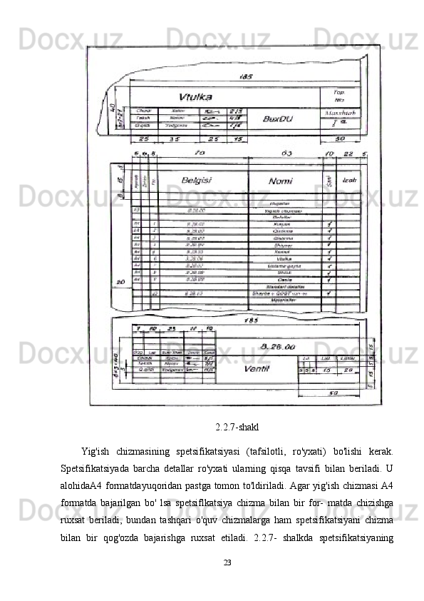 2.2.7-shakl
Yig'ish   chizmasining   spetsifikatsiyasi   (tafsilotli,   ro'yxati)   bo'lishi   kerak.
Spetsifikatsiyada   barcha   detallar   ro'yxati   ularning   qisqa   tavsifi   bilan   beriladi.   U
alohidaA4 formatdayuqoridan pastga tomon to'ldiriladi. Agar yig'ish chizmasi A4
formatda   bajarilgan   bo'   lsa   spetsiflkatsiya   chizma   bilan   bir   for-   matda   chizishga
ruxsat   beriladi,   bundan   tashqari   o'quv   chizmalarga   ham   spetsifikatsiyani   chizma
bilan   bir   qog'ozda   bajarishga   ruxsat   etiladi.   2.2.7-   shalkda   spetsifikatsiyaning
23 