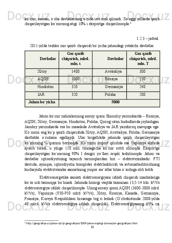 ko`mir, asosan, o`sha davlatlarning o`zida iste`mol qilinadi. So`nggi yillarda qazib
chiqarilayotgan ko`mirning atigi 10% i eksportga chiqarilmoqda. 6
                                                                                                  1.2.3 – jadval.
2011-yilda toshko`mir qazib chiqarish bo`yicha jahondagi yetakchi davlatlar.
Davlatlar Gaz qazib
chiqarish, mlrd.
mln. t Davlatlar Gaz qazib
chiqarish, mlrd.
mln. T
Xitoy 1400 Avstraliya 300
AQSH 1000 Rossiya 270
Hindiston 320 Germaniya 240
JAR 320 Polsha 200
Jahon bo`yicha 5000
 
  Jahon ko`mir zahiralarining asosiy qismi Shimoliy yarimsharda – Rossiya,
AQSH, Xitoy, Germaniya, Hindiston, Polsha, Qozog`iston hududlarida joylashgan.
Janubiy yarimsharda esa bu masalada Avstraliya va JAR yaxshiroq mavqega ega.
Ko`mirni eng ko`p qazib chiqarishda Xitoy, AQSH, Avstraliya, Polsha, Germaniya
dastlabki   o`rinlarni   egallaydi.   Ular   birgallikda   jahonda   qazib   chiqarilayotgan
ko`mirning  ¾   qismini   bermoqda.   Ko`mirni   import   qilishda   esa   Yaponiya   alohida
ajralib   turadi,   u   yiliga   110   mln.   tonnagacha   ko`mir   sotib   olmoqda.   Eksportga
chiqarilayotgan   ko`mirning   90%   I   dengiz   yo`llari   orqali   tashilmoqda.   Jahon   va
davlatlar   iqtisodiyotining   tayanch   tarmoqlaridan   biri   –   elektrotexnikadir.   FTI
davrida,   ayniqsa,   iqtisodiyotni   kompleks   elektrlashtirish   va   avtomatlashtirishning
kuchayishi elektrotexnika sanoatining yuqori sur`atlar bilan o`sishiga olib keldi. 
   Elektroenergetika sanoati  elektroenergiyani  ishlab chiqarish manbalariga
ko`ra uch tarmoqqa bo`linadi. Jahonda hozirgi vaqtda taxminan 13,5-14 trln. kVt/s
elektroenergiya ishlab chiqarilmoqda. Uning asosiy qismi AQSH (3600-3800 mlrd.
kVt/s),   Yaponiya   (930-950   mlrd.   kVt/s),   Xitoy,   Rossiya,   Kanada,   Germaniya,
Fransiya,   Koreya   Respublikasi   hissasiga   tog`ri   keladi   (O`zbekistonda   2008-yilda
49   mlrd.   kVt/s   elektroenergiya   ishlab   chiqarildi).   Elektroenergiyaning   65%   ini
6
 http://geografiya.uz/jahon-iqt-ijt-geografiyasi/1009-jahon-xojaligi-tarmoqlari-geografiyasi.html
10 