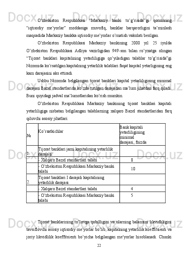 O’zbekiston   Respublikasi   “Markaziy   banki   to’g’risida”gi   qonunning
“iqtisodiy   me’yorlar”   moddasiga   muvofiq,   banklar   barqarorligini   ta’minlash
maqsadida Markaziy bankka iqtisodiy me’yorlar o’rnatish vakolati berilgan. 
O’zbekiston   Respublikasi   Markaziy   bankining   2000   yil   25   iyulda
O’zbekiston   Respublikasi   Adliya   vazirligidan   949-son   bilan   ro’y х atga   olingan
“Tijorat   banklari   kapitalining   yetarliligiga   qo’yiladigan   talablar   to’g’risida”gi
Nizomida ko’rsatilgan kapitalning yetarlilik talablari faqat kapital yetarligining eng
kam darajasini aks ettiradi. 
Ushbu   Nizomda   belgilangan  tijorat   banklari   kapital   yetarliligining   minimal
darajasi Bazel standartlarida ko’zda tutilgan darajadan ma’lum jihatdan farq qiladi.
Buni quyidagi jadval ma’lumotlaridan ko’rish mumkin. 
O’zbekiston   Respublikasi   Markaziy   bankining   tijorat   banklari   kapitali
yetarliligiga   nisbatan   belgilangan   talablarning   х alqaro   Bazel   standartlaridan   farq
qiluvchi asosiy jihatlari: 
 
 
№   
Ko’rsatkichlar  Bank kapitali 
yetarliligining 
minimal           
darajasi, foizda 
 
1.  Tijorat banklari jami kapitalining yetarlilik 
darajasi:   
 
- Хalqaro Bazel standartlari talabi  8 
 
- O’zbekiston Respublikasi Markaziy banki 
talabi  10 
 
2.  Tijorat banklari I darajali kapitalining 
yetarlilik darajasi   
 
- Хalqaro Bazel standartlari talabi  4 
 
- O’zbekiston Respublikasi Markaziy banki 
talabi  5 
 
Tijorat   banklarining   to’lovga   qobilligini   va   ularning   balansini   likvidliligini
tavsiflovchi asosiy iqtisodiy me’yorlar bo’lib, kapitalning yetarlilik koeffitsienti va
joriy   likvidlilik   koeffitsienti   bo’yicha   belgilangan   me’yorlar   hisoblanadi.   Chunki
22 